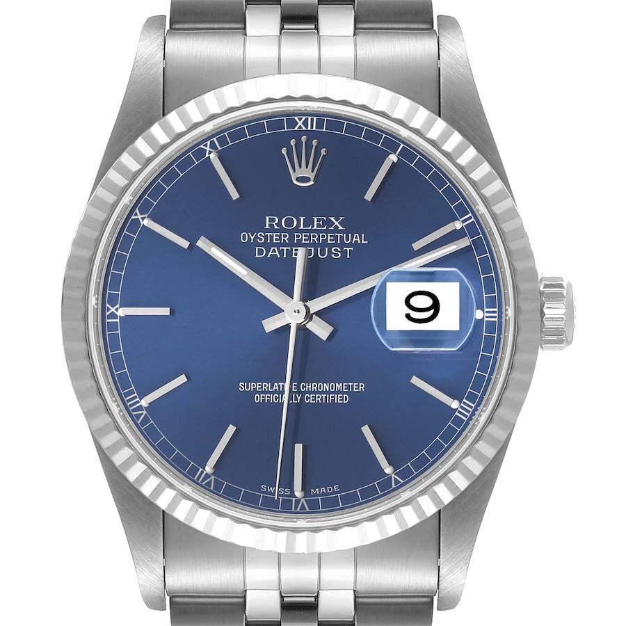 Rolex Datejust Blue Dial Fluted Bezel Steel White Gold Watch 16234 SwissWatchExpo