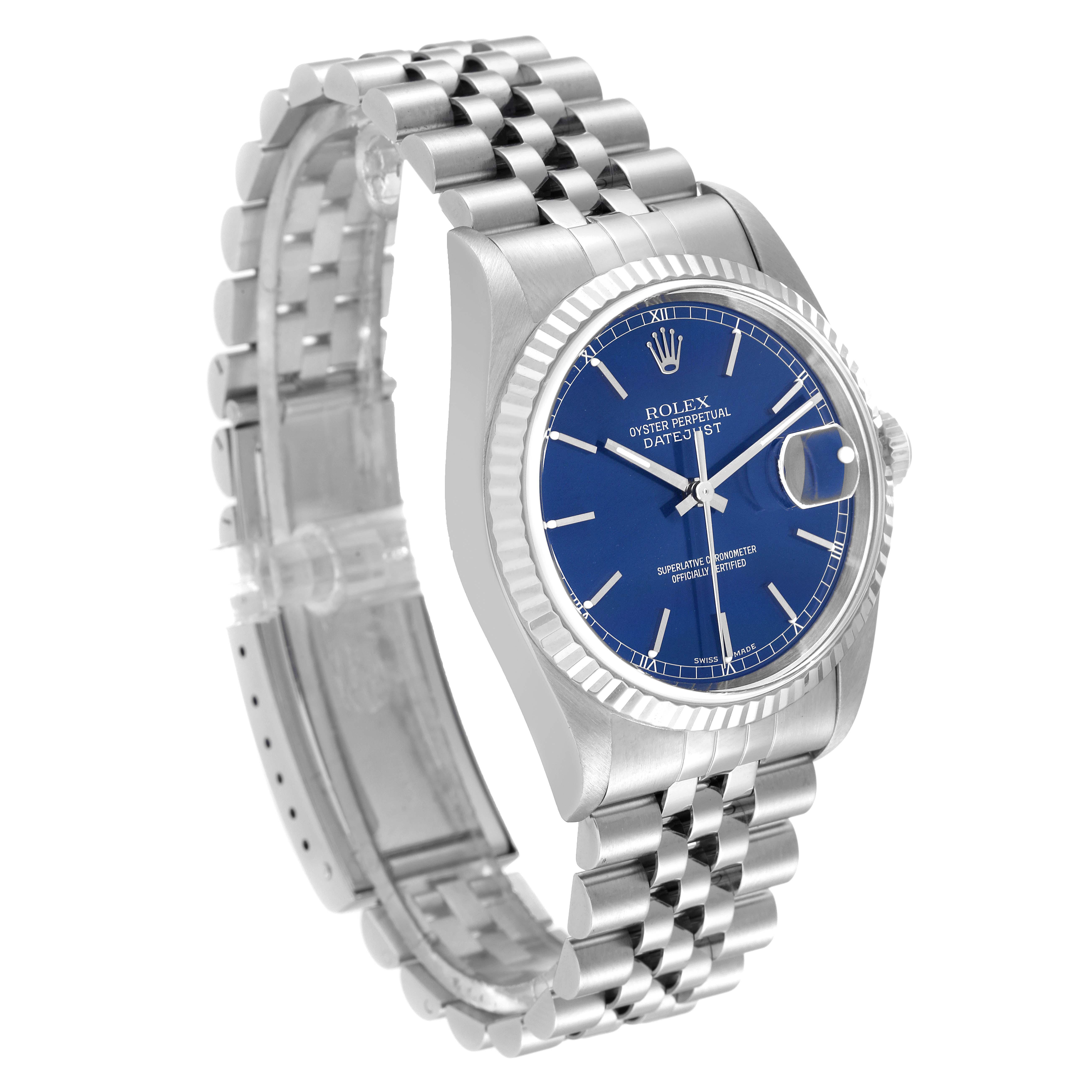 The image shows a Rolex Datejust 16234 Men's Stainless Steel Blue Dial 16234 Men's Stainless Steel Blue Dial watch at a three-quarter angle, highlighting its blue dial, fluted bezel, and jubilee bracelet.