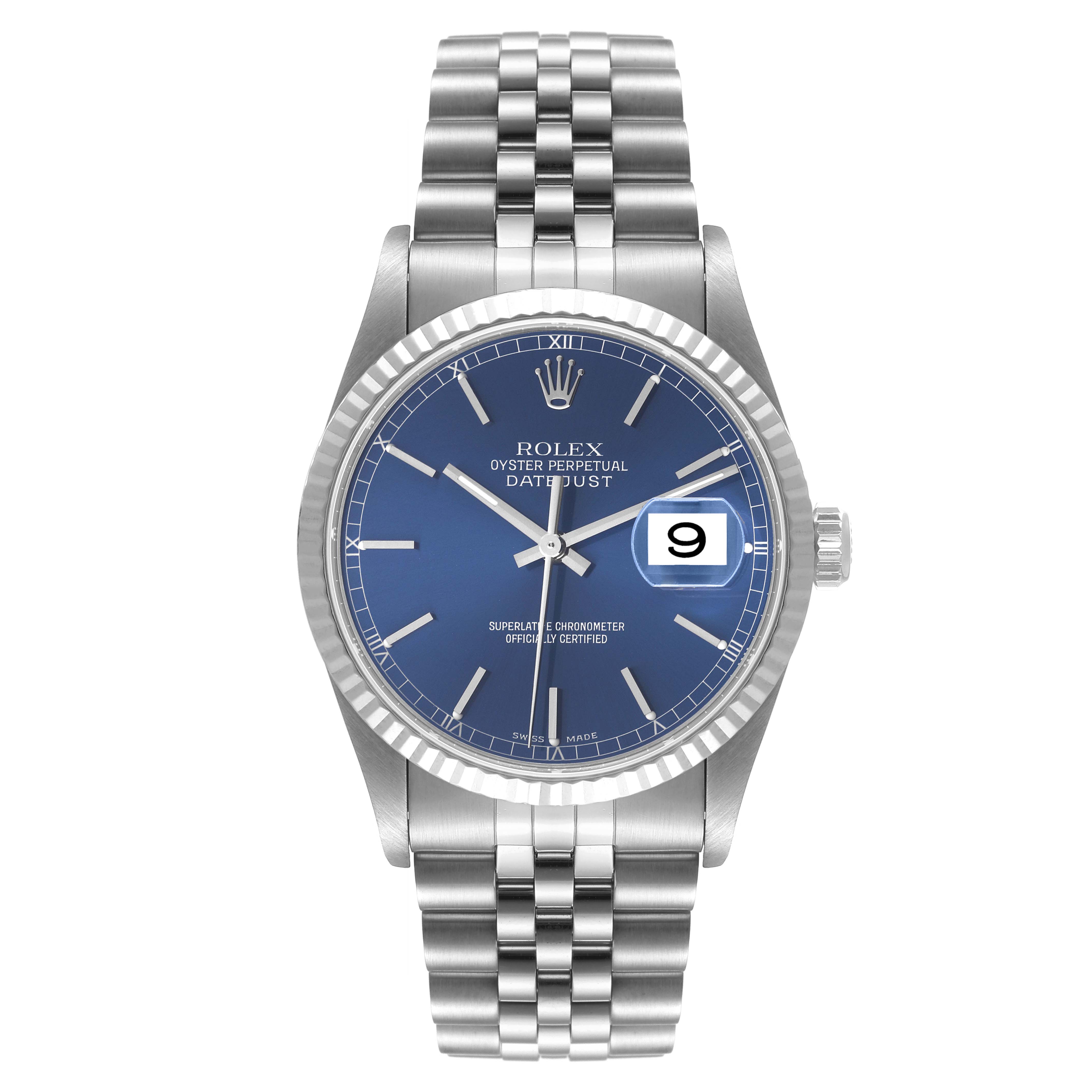 The image shows a front view of a Rolex Datejust 16234 Men's Stainless Steel Blue Dial 16234 Men's Stainless Steel Blue Dial watch with a blue dial and stainless steel Jubilee bracelet.