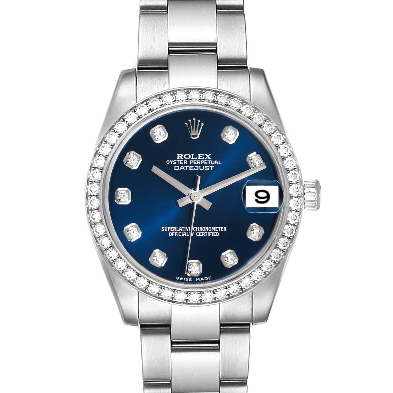 The image shows a front view of the Rolex Datejust Mid-Size watch, displaying the face, bezel, bracelet, and crown.