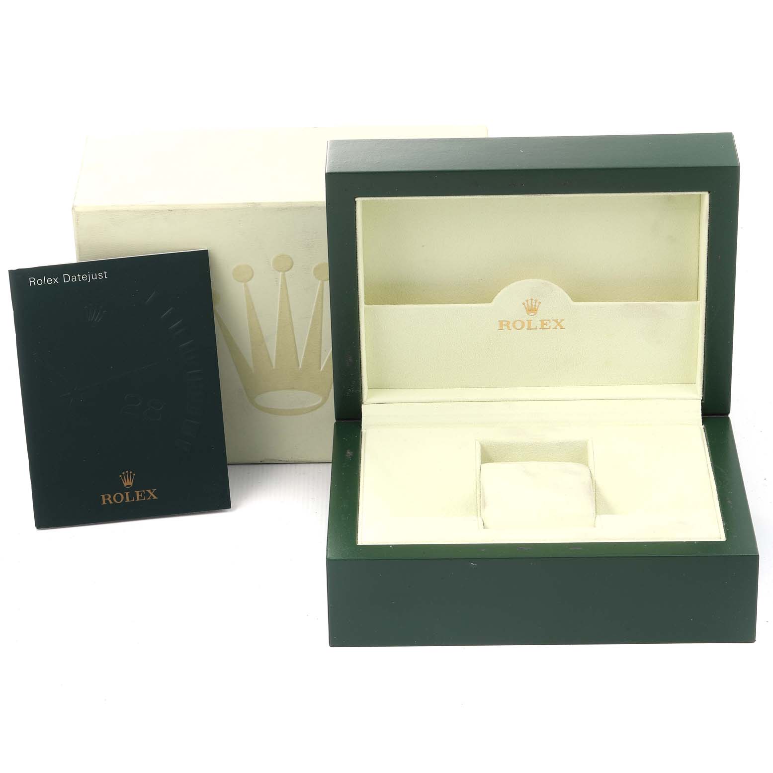 The image shows the box and packaging for a Rolex Datejust Mid-Size model, along with its booklet.