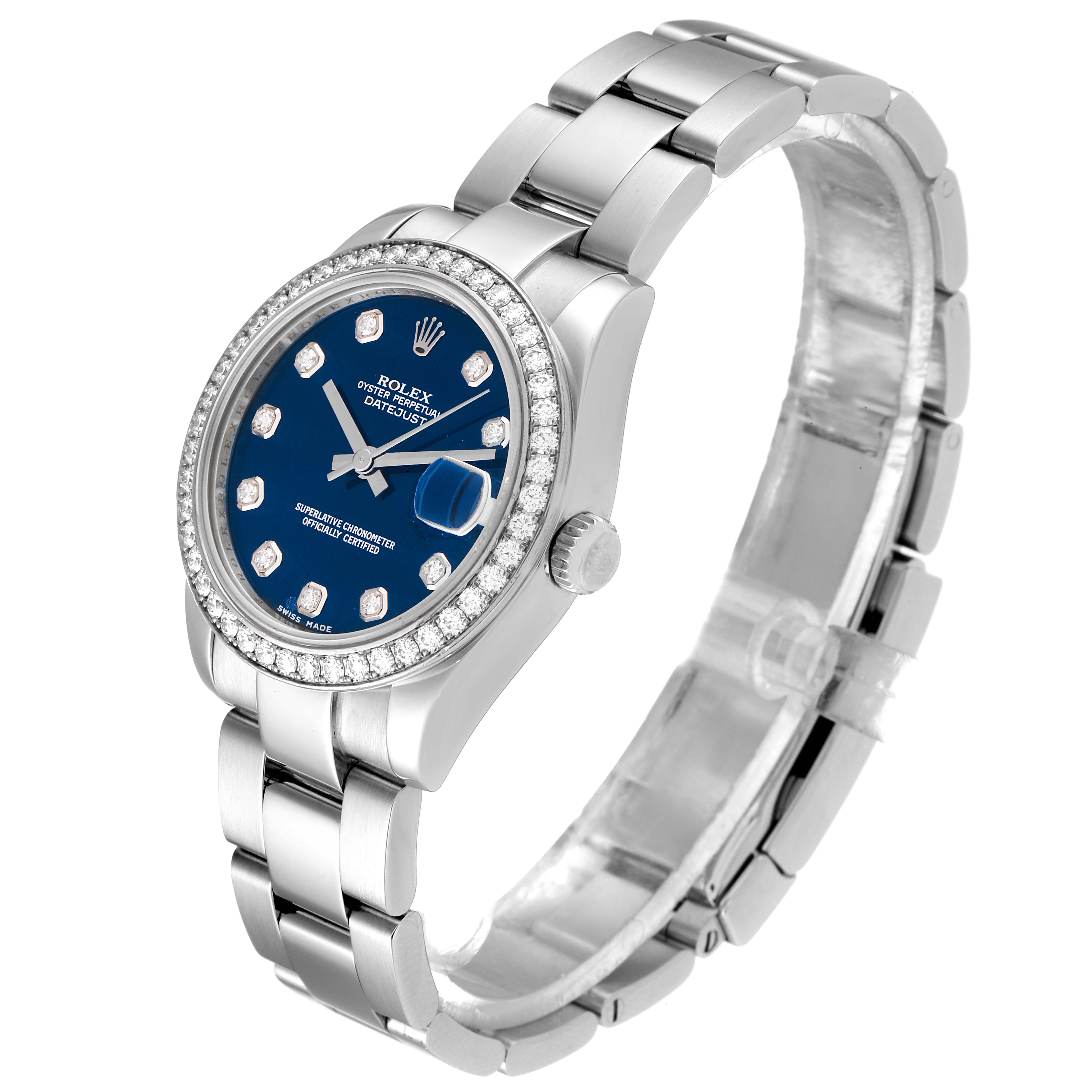 The Rolex Mid-Size 178384 Women's Stainless Steel Blue Dial 178384 Women's Stainless Steel Blue Dial Datejust is shown at a side angle; the watch face, bezel, crown, and the bracelet are all visible.