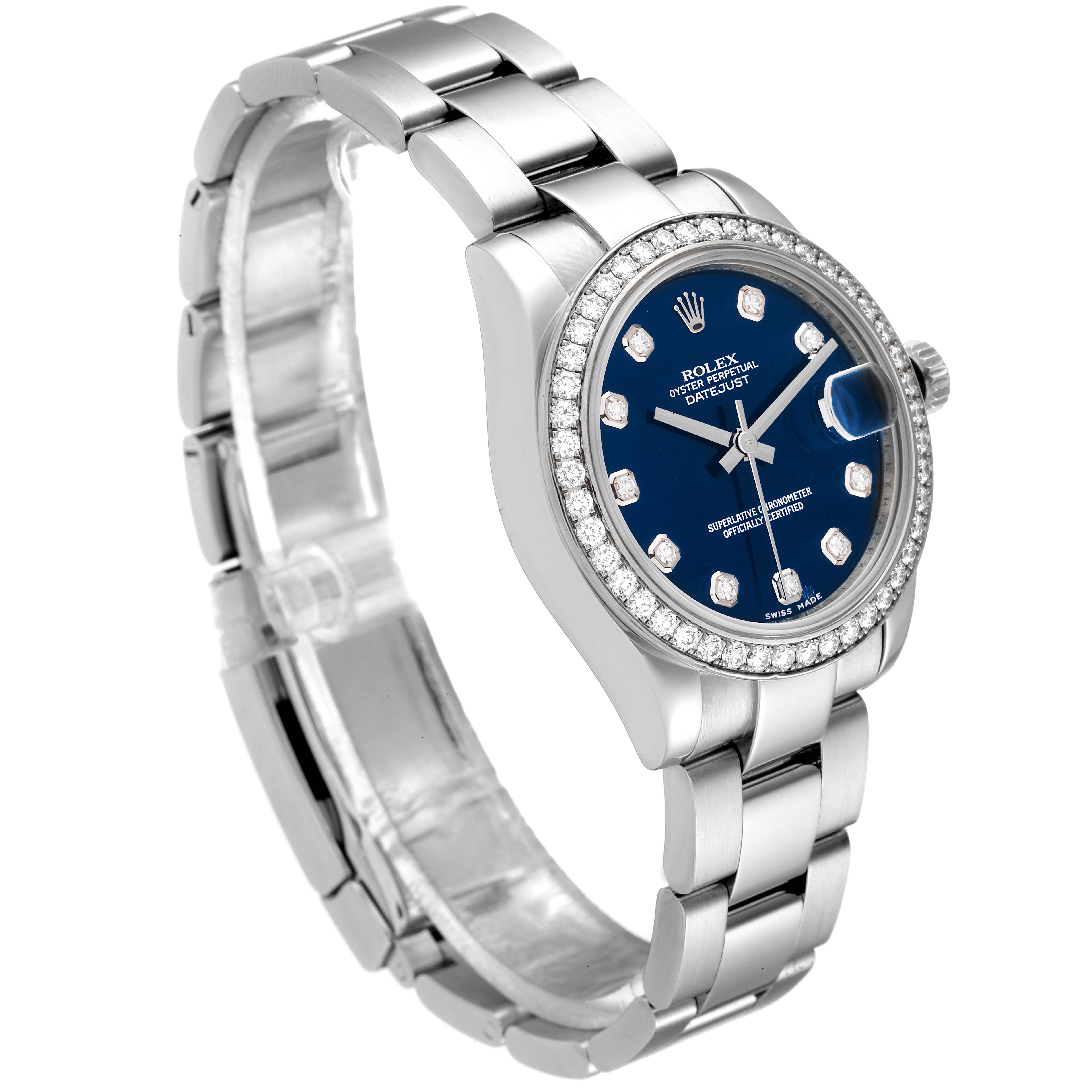 This image showcases a Rolex Mid-Size 178384 Women's Stainless Steel Blue Dial 178384 Women's Stainless Steel Blue Dial watch from a front-left angle, highlighting the bracelet, bezel, and blue dial.
