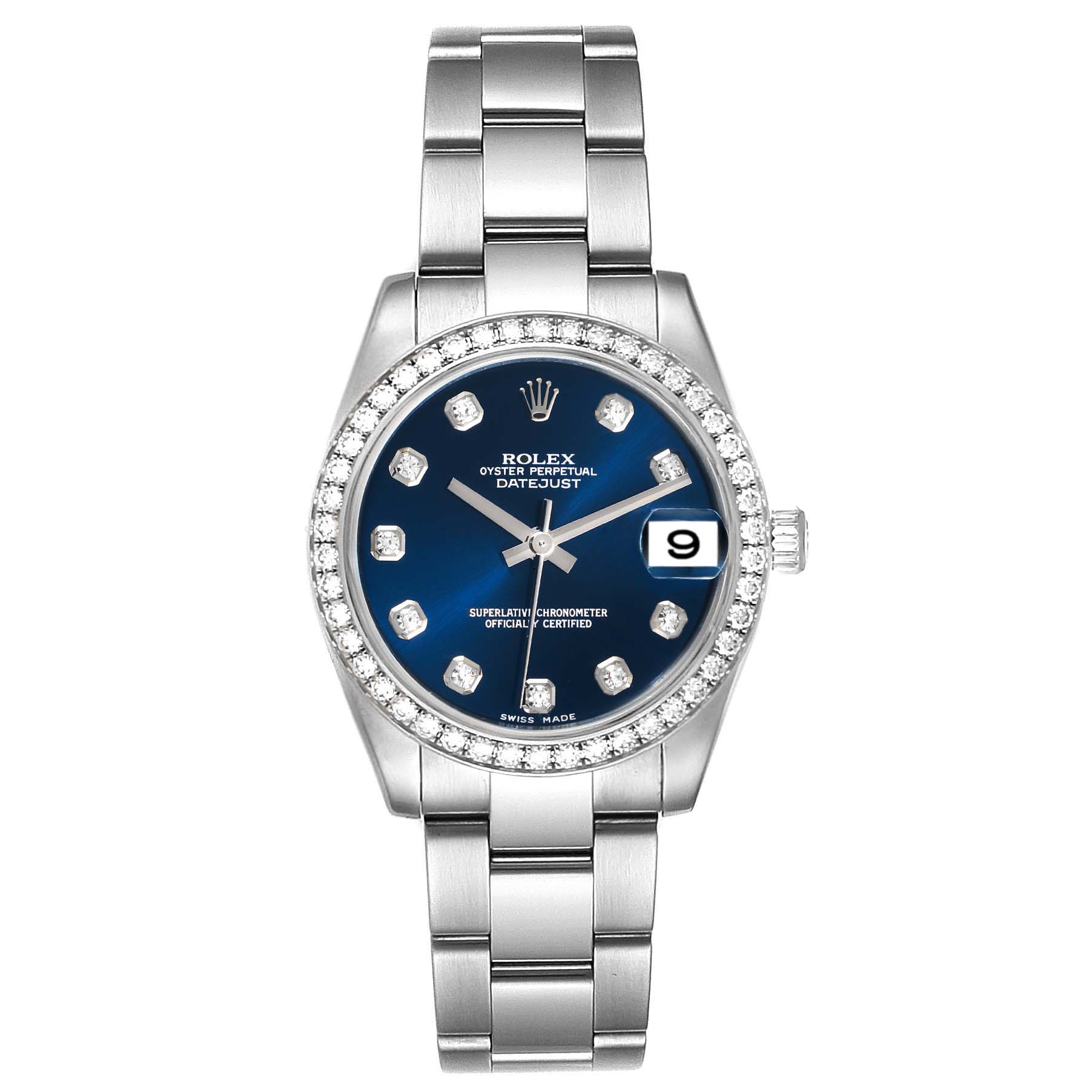 The image shows a front view of a Rolex Mid-Size 178384 Women's Stainless Steel Blue Dial 178384 Women's Stainless Steel Blue Dial Datejust watch, featuring a blue dial and stainless steel bracelet.