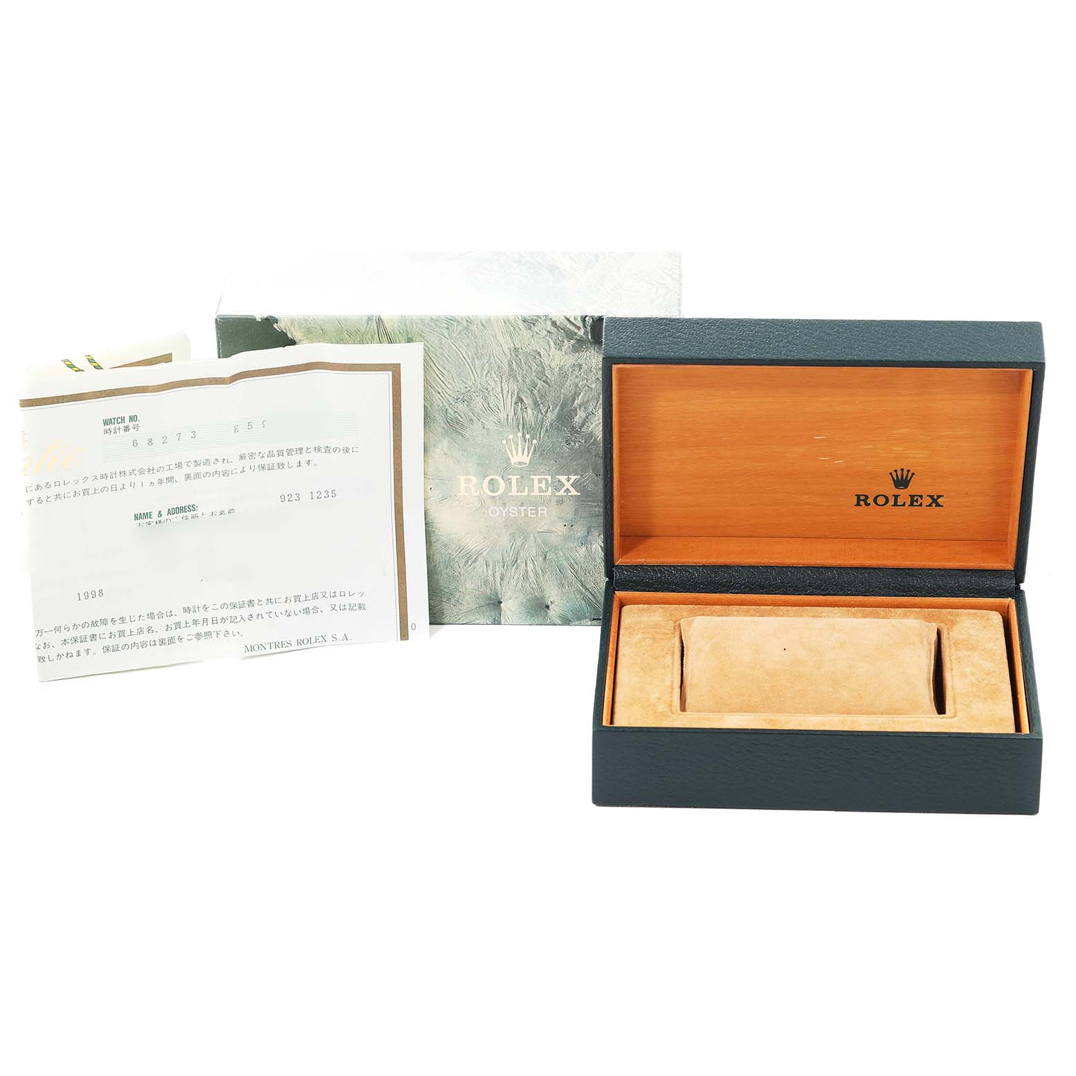 The image shows an empty Rolex Mid-Size 68273 Women
s Steel and Gold (two tone) Champagne Dial 68273 Women
s Steel and Gold (two tone) Champagne Dial watch box, warranty papers, and outer packaging from a front angle.