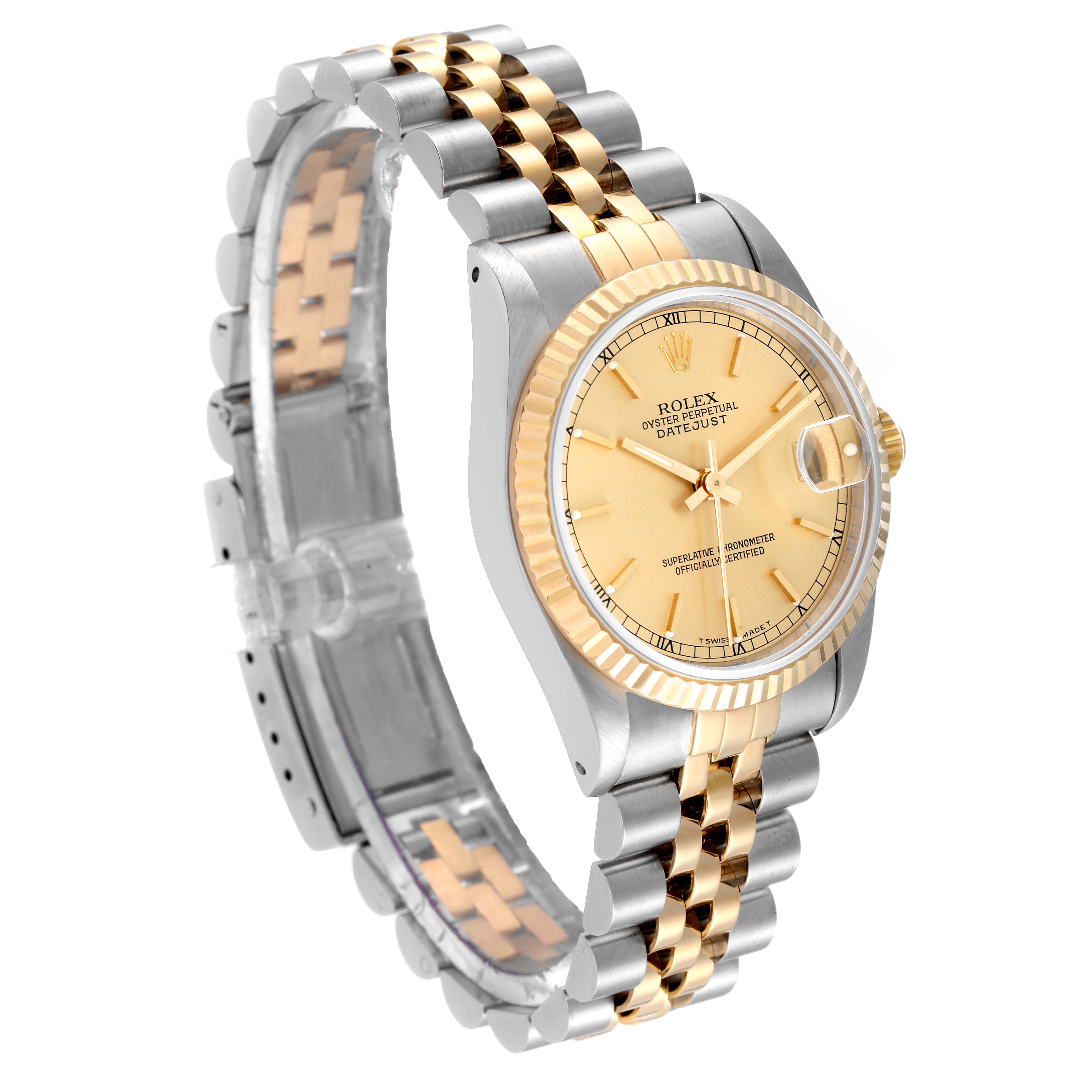 This image shows a Rolex Mid-Size 68273 Women
s Steel and Gold (two tone) Champagne Dial 68273 Women
s Steel and Gold (two tone) Champagne Dial Datejust watch at an angle, highlighting its two-tone bracelet and gold dial.