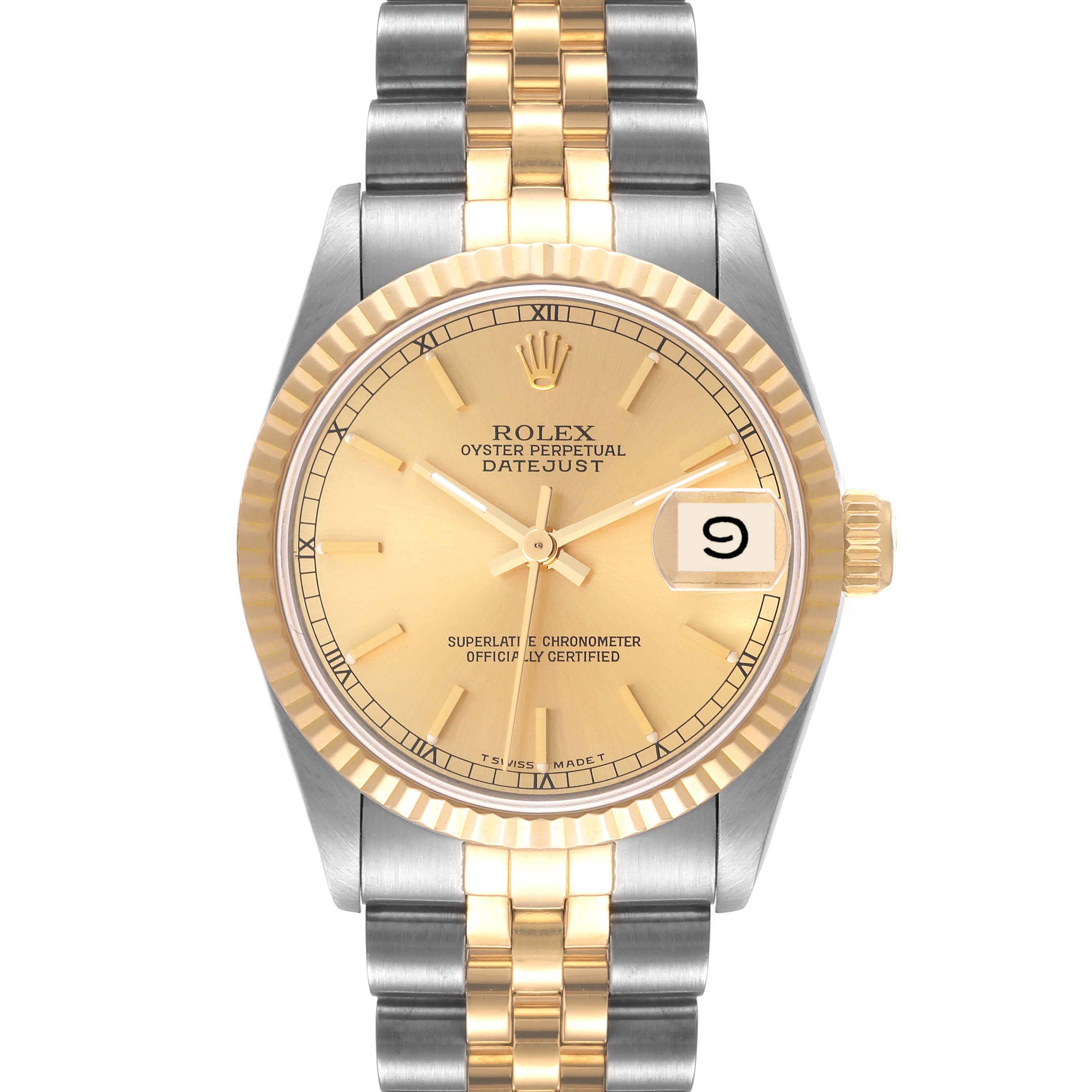 This Rolex Mid-Size 68273 Women
s Steel and Gold (two tone) Champagne Dial 68273 Women
s Steel and Gold (two tone) Champagne Dial Datejust watch is shown from the front, highlighting the face, dial, bezel, and part of the bracelet.