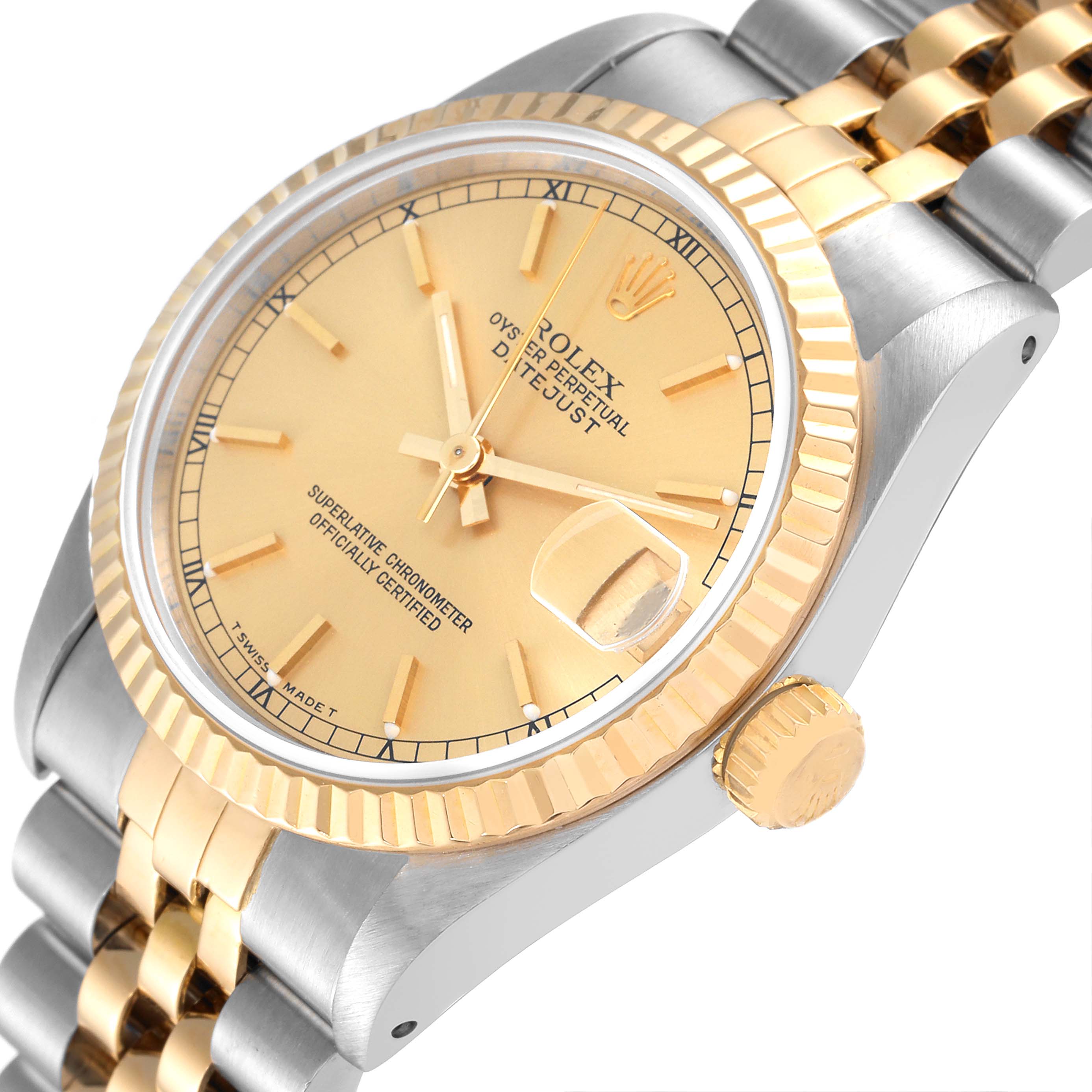 The image shows a Rolex Mid-Size 68273 Women
s Steel and Gold (two tone) Champagne Dial 68273 Women
s Steel and Gold (two tone) Champagne Dial Oyster Perpetual Datejust watch from a 3/4 angle, highlighting its dial, bezel, and bracelet.