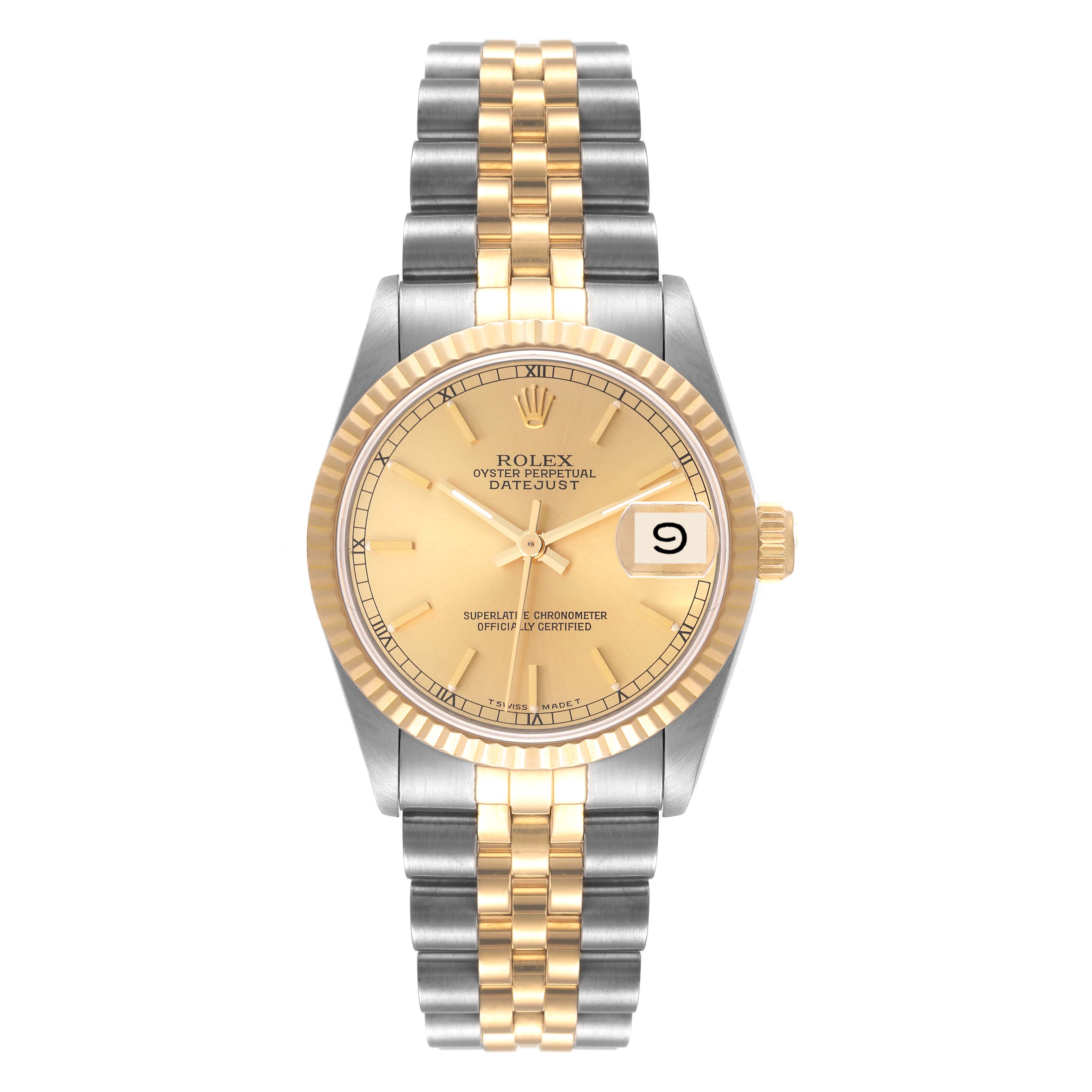 The image shows a front view of a Rolex Mid-Size 68273 Women
s Steel and Gold (two tone) Champagne Dial 68273 Women
s Steel and Gold (two tone) Champagne Dial Oyster Perpetual Datejust watch, highlighting the dial, bezel, and bracelet.