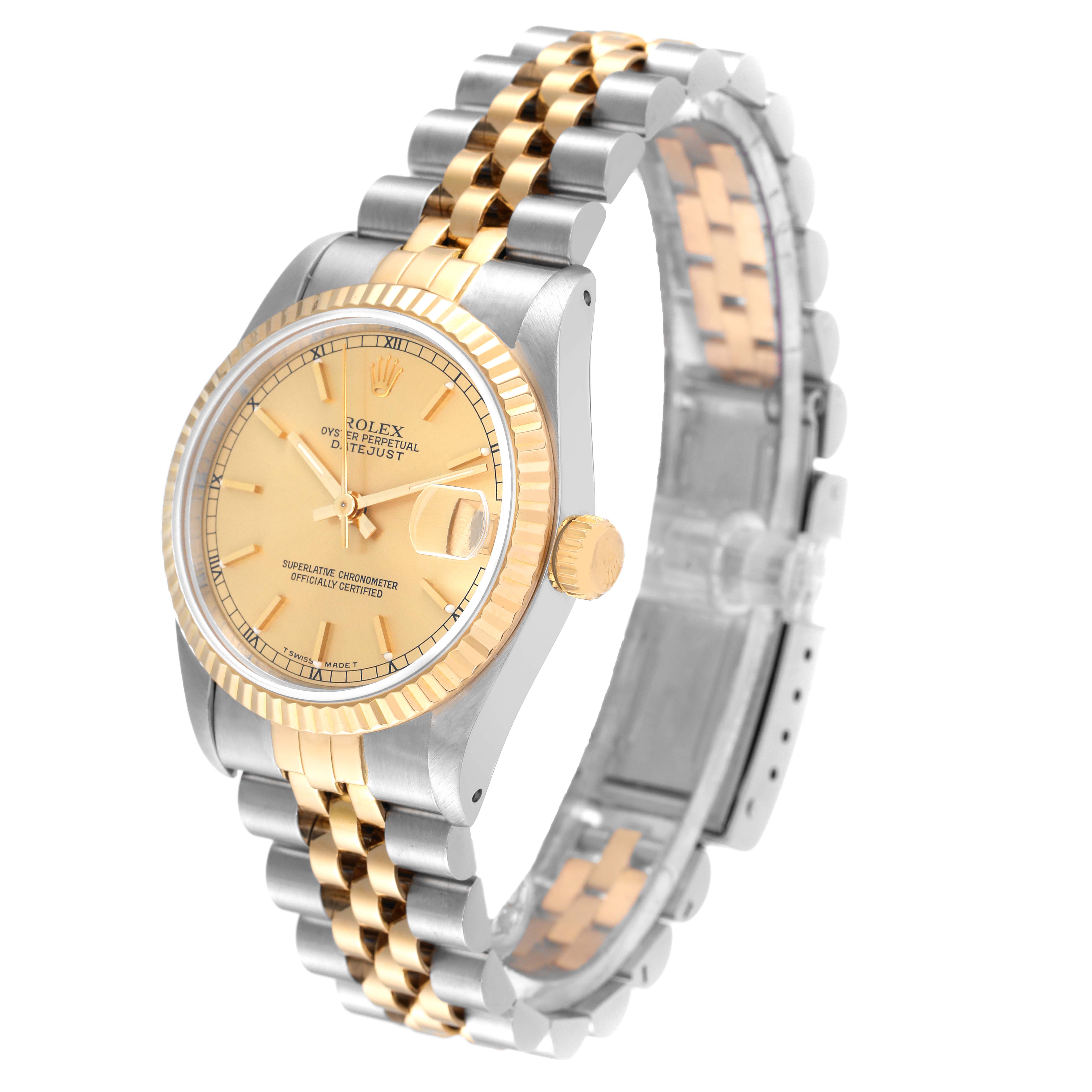 This image shows a Rolex Mid-Size 68273 Women
s Steel and Gold (two tone) Champagne Dial 68273 Women
s Steel and Gold (two tone) Champagne Dial Datejust watch at a three-quarter angle displaying the face, bezel, crown, and two-tone bracelet.