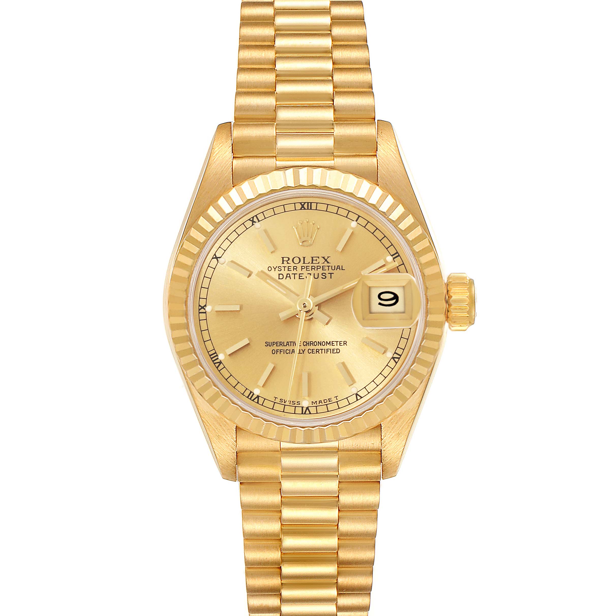 The image shows a front view of a Rolex President 69178 Women
s Yellow Gold Champagne Dial 69178 Women
s Yellow Gold Champagne Dial model watch displaying the dial, fluted bezel, and bracelet.