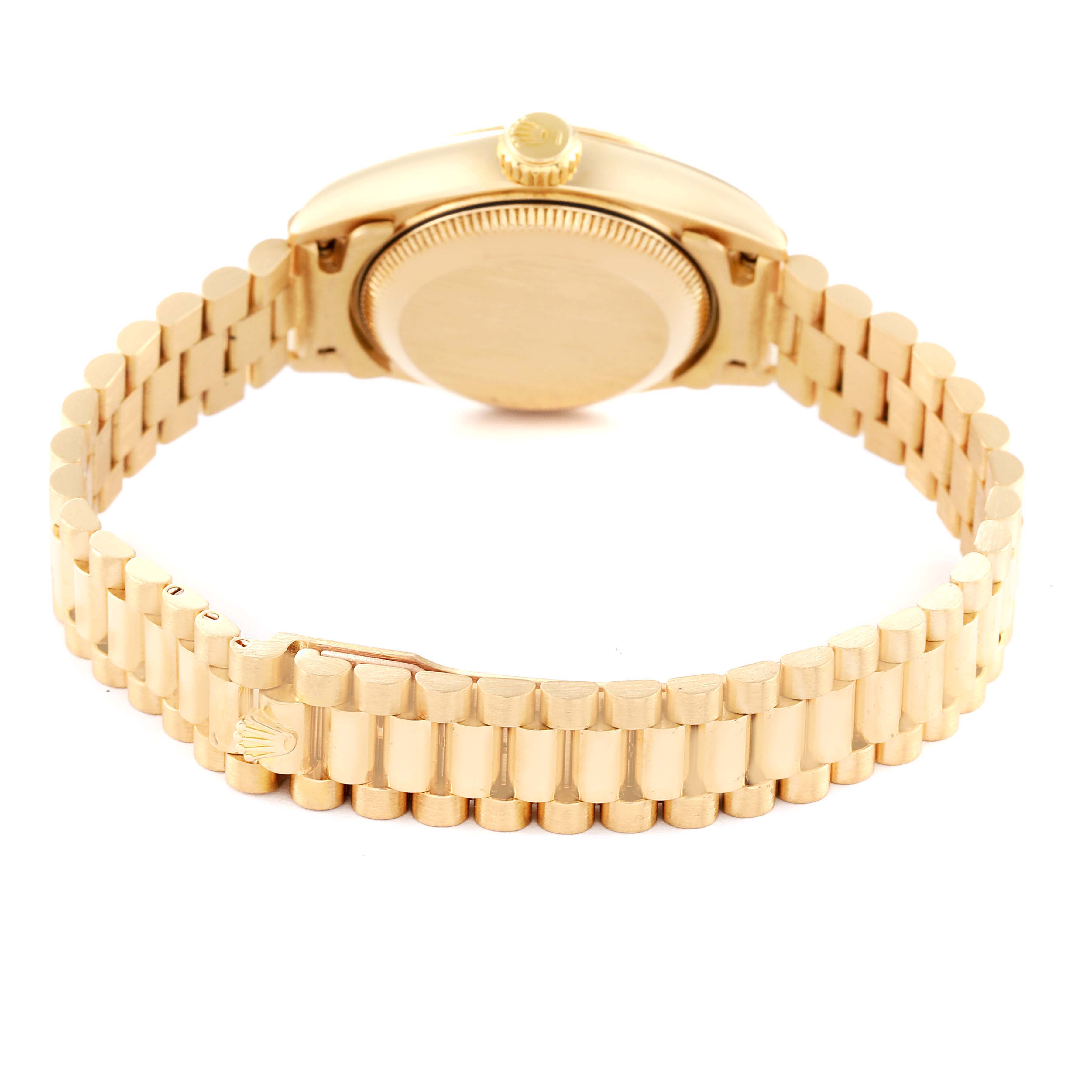 This image shows the back view of a Rolex President 69178 Women
s Yellow Gold Champagne Dial 69178 Women
s Yellow Gold Champagne Dial model watch, displaying its gold case and bracelet.