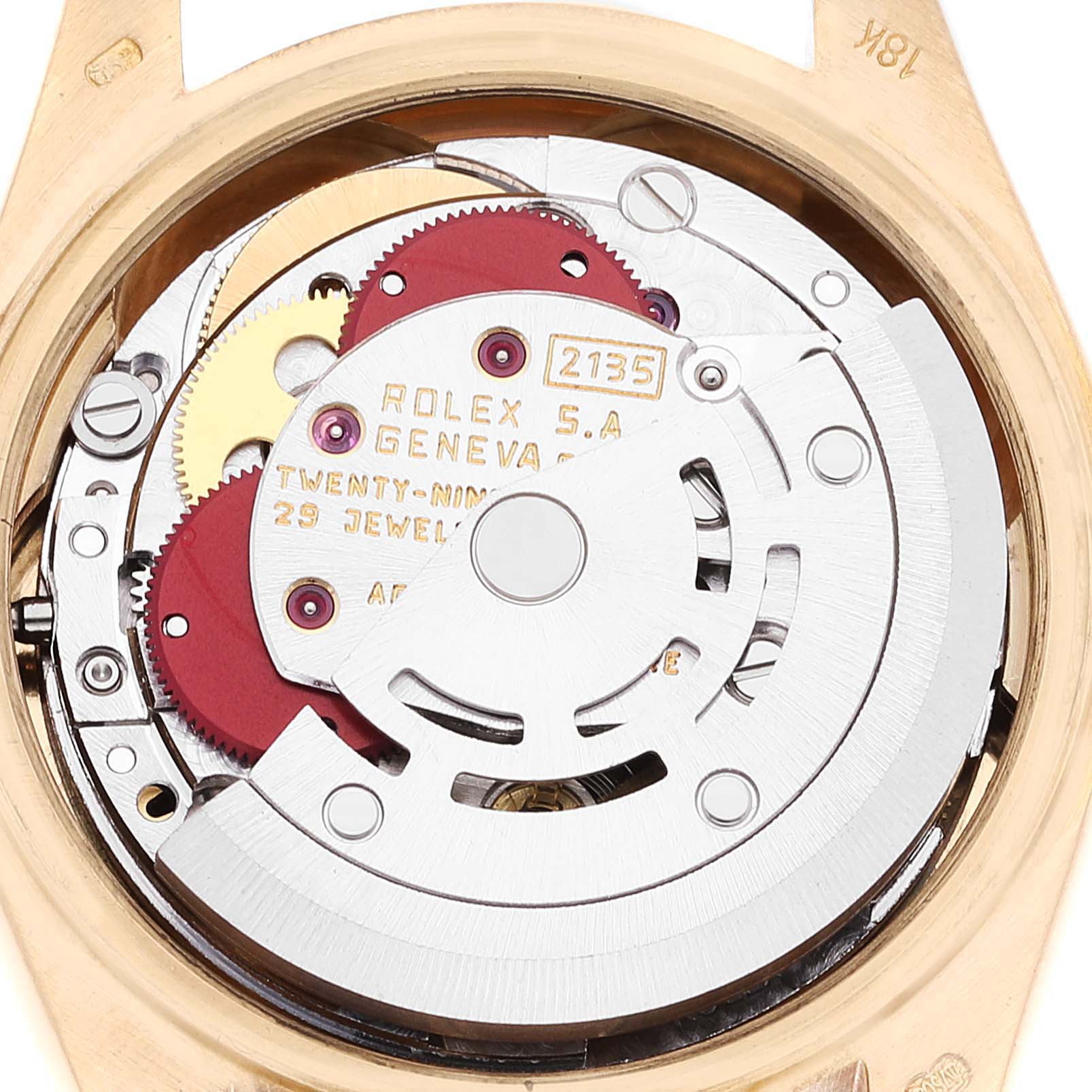 The image shows the intricate movement mechanism of the Rolex President 69178 Women
s Yellow Gold Champagne Dial 69178 Women
s Yellow Gold Champagne Dial model from an open caseback angle.