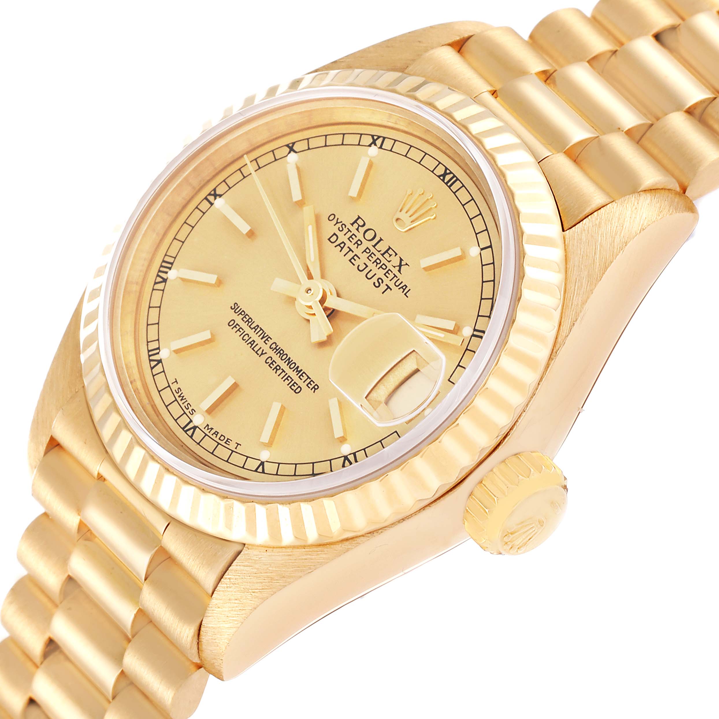 This image shows a Rolex President 69178 Women
s Yellow Gold Champagne Dial 69178 Women
s Yellow Gold Champagne Dial model watch at a slight angle, highlighting the face, fluted bezel, crown, and part of the bracelet.
