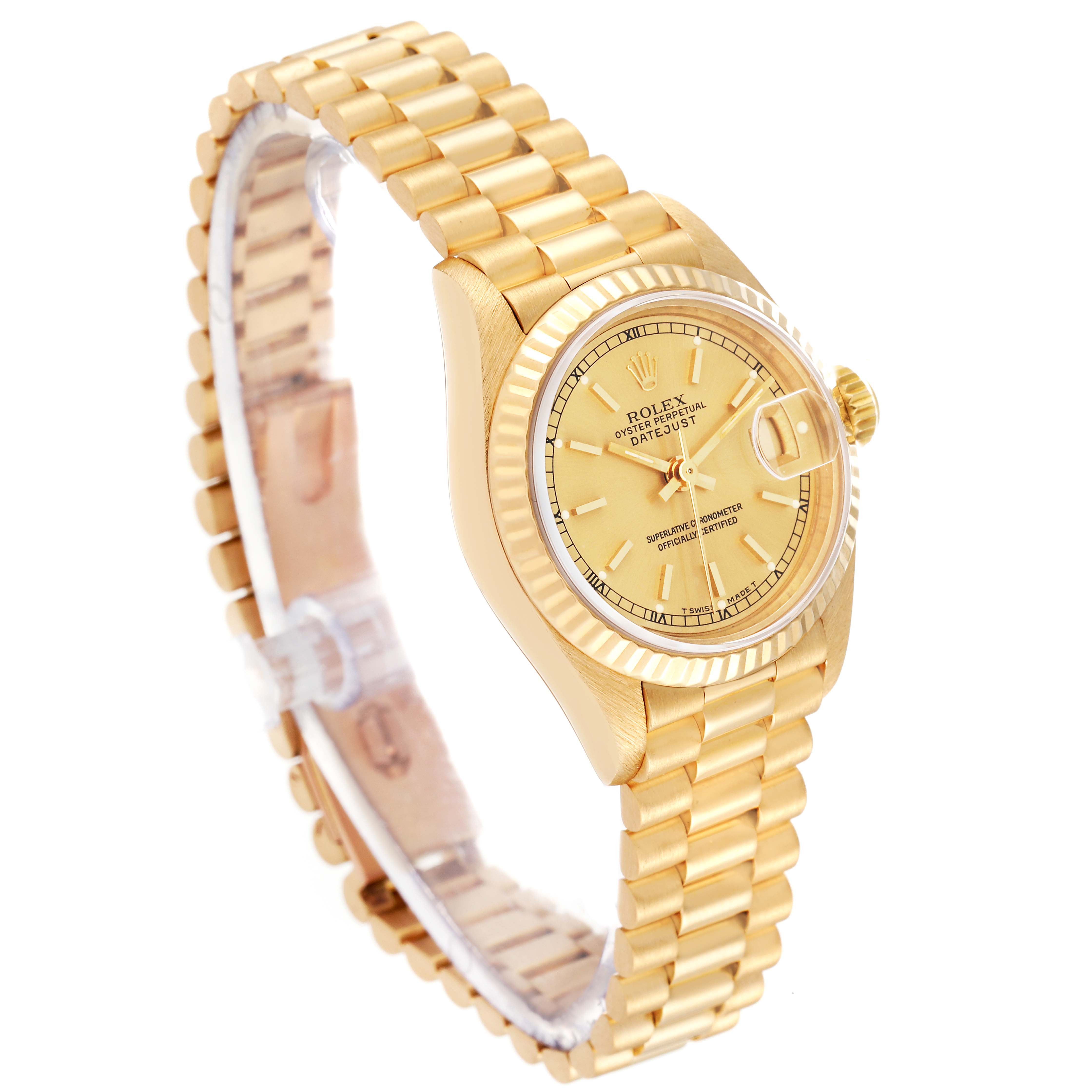 This image shows a Rolex President 69178 Women
s Yellow Gold Champagne Dial 69178 Women
s Yellow Gold Champagne Dial model watch at a three-quarter angle, highlighting the gold case, bracelet, and dial.