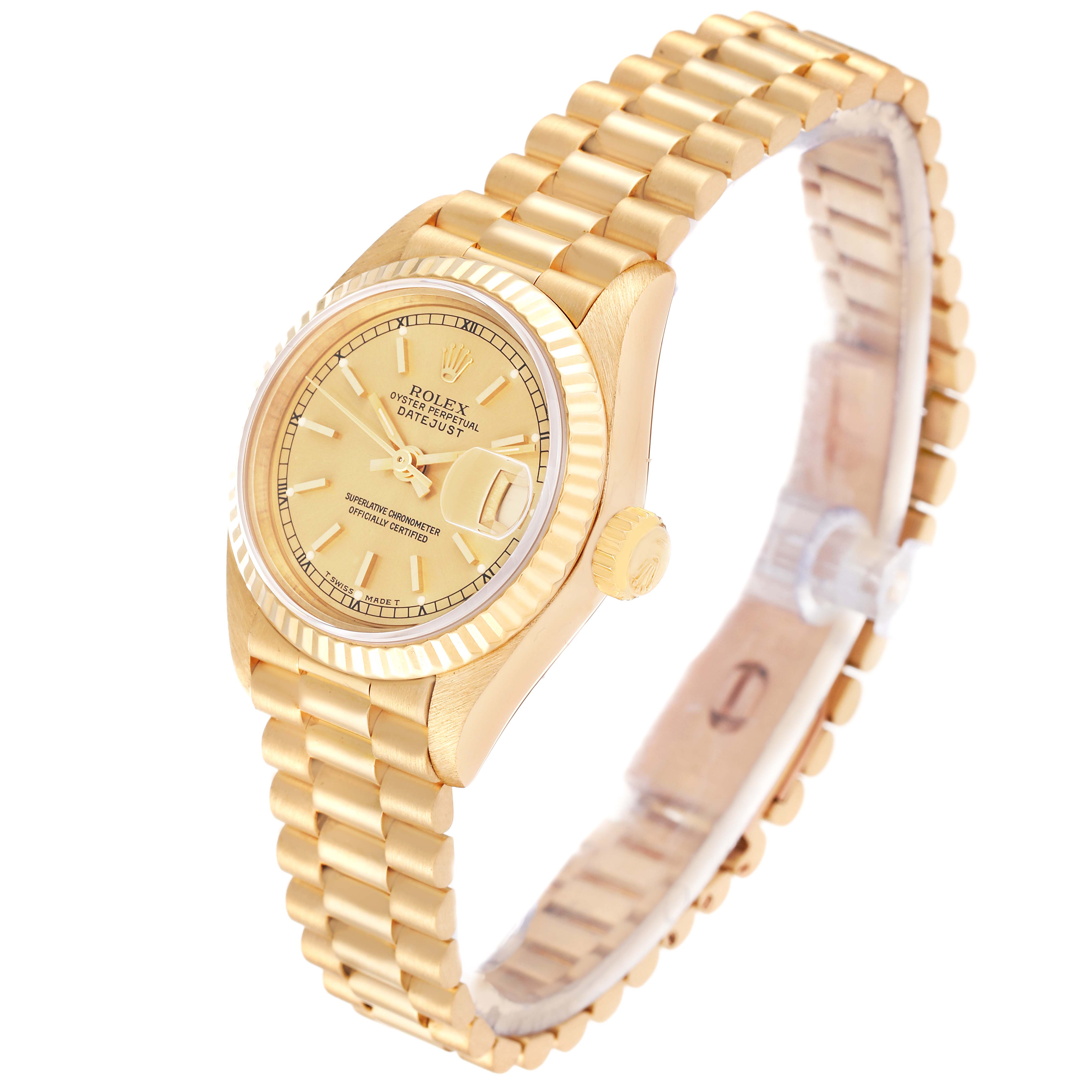 The image shows a Rolex President 69178 Women
s Yellow Gold Champagne Dial 69178 Women
s Yellow Gold Champagne Dial model watch at a three-quarter angle, displaying its dial, crown, and bracelet.