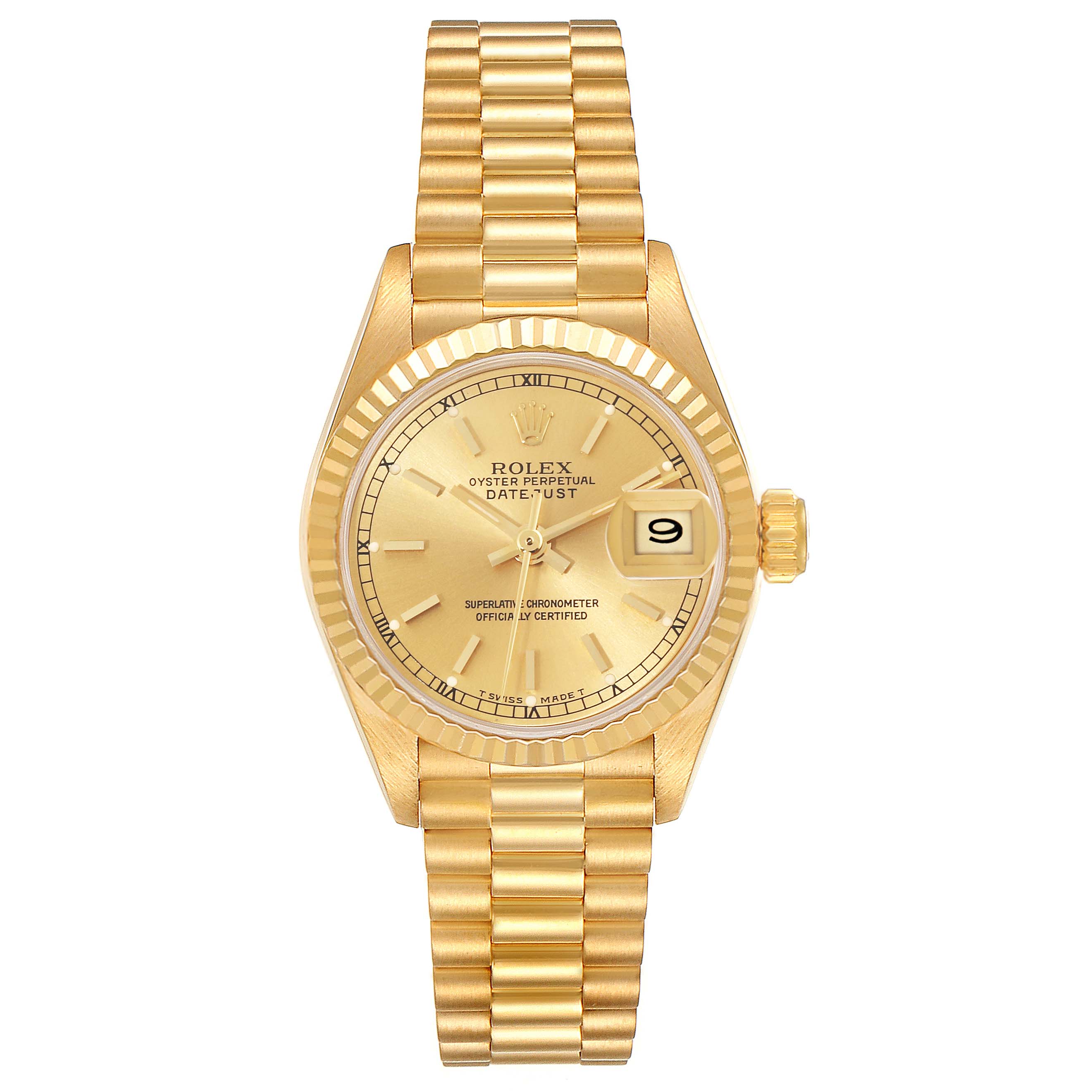 The Rolex President 69178 Women
s Yellow Gold Champagne Dial 69178 Women
s Yellow Gold Champagne Dial model watch is shown from a top-down angle, displaying the bracelet, dial, bezel, and date window.
