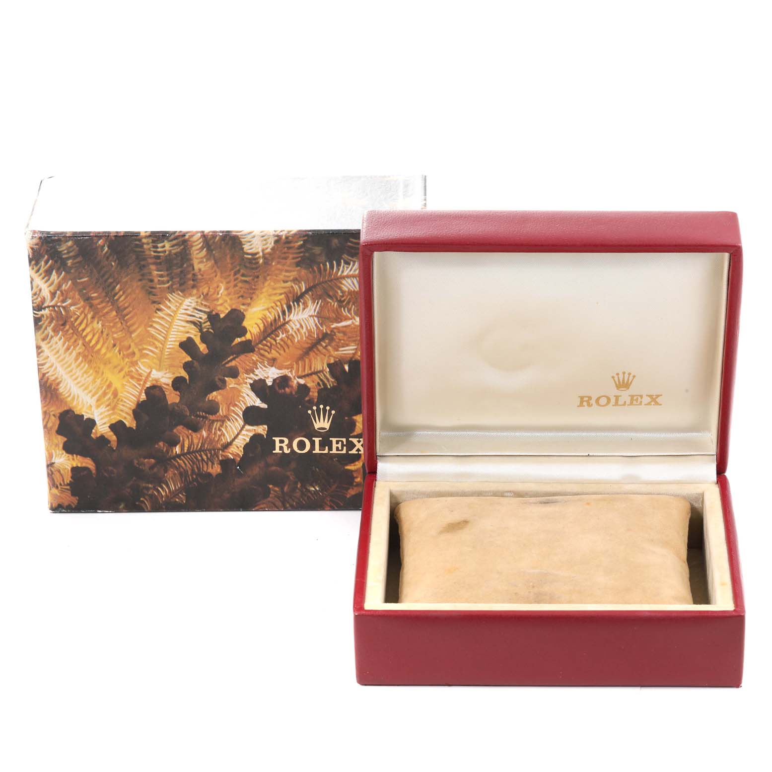 The image shows the open box and outer packaging of a Rolex President 69178 Women
s Yellow Gold Champagne Dial 69178 Women
s Yellow Gold Champagne Dial model, featuring the Rolex logo inside the box.