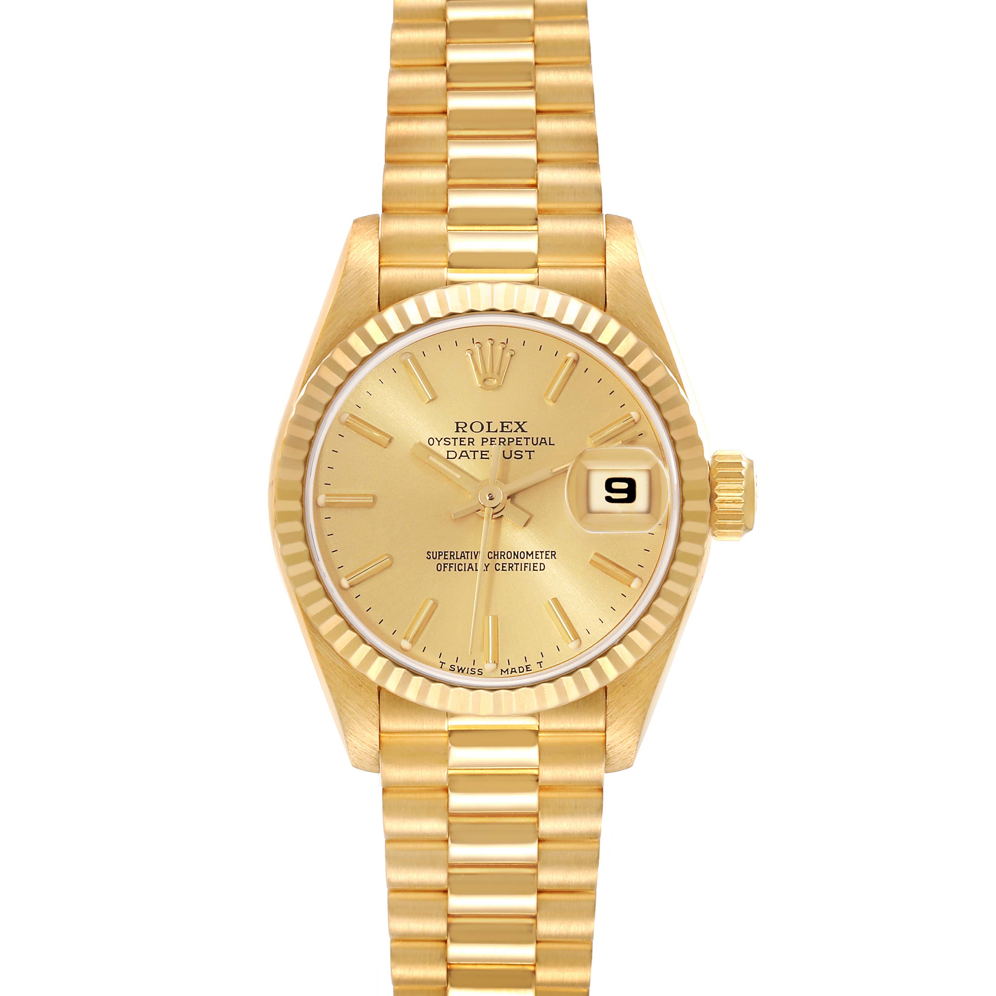 The Rolex President 69178 Women
s Yellow Gold Champagne Dial 69178 Women
s Yellow Gold Champagne Dial model watch is shown from a front angle, highlighting its gold dial, bracelet, and date window.