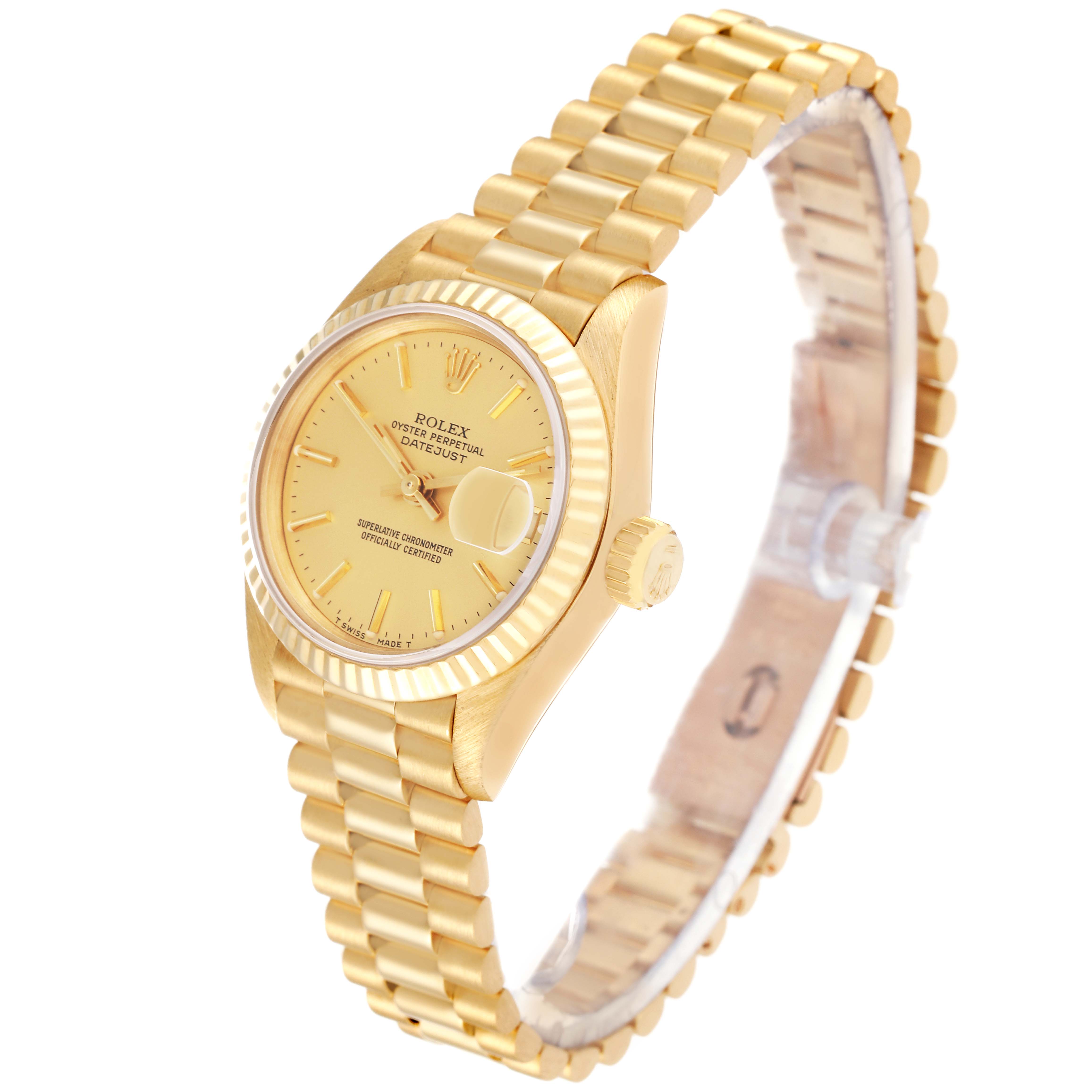 The Rolex President 69178 Women
s Yellow Gold Champagne Dial 69178 Women
s Yellow Gold Champagne Dial model watch is shown at a three-quarter angle, displaying its gold case, fluted bezel, dial, and bracelet.