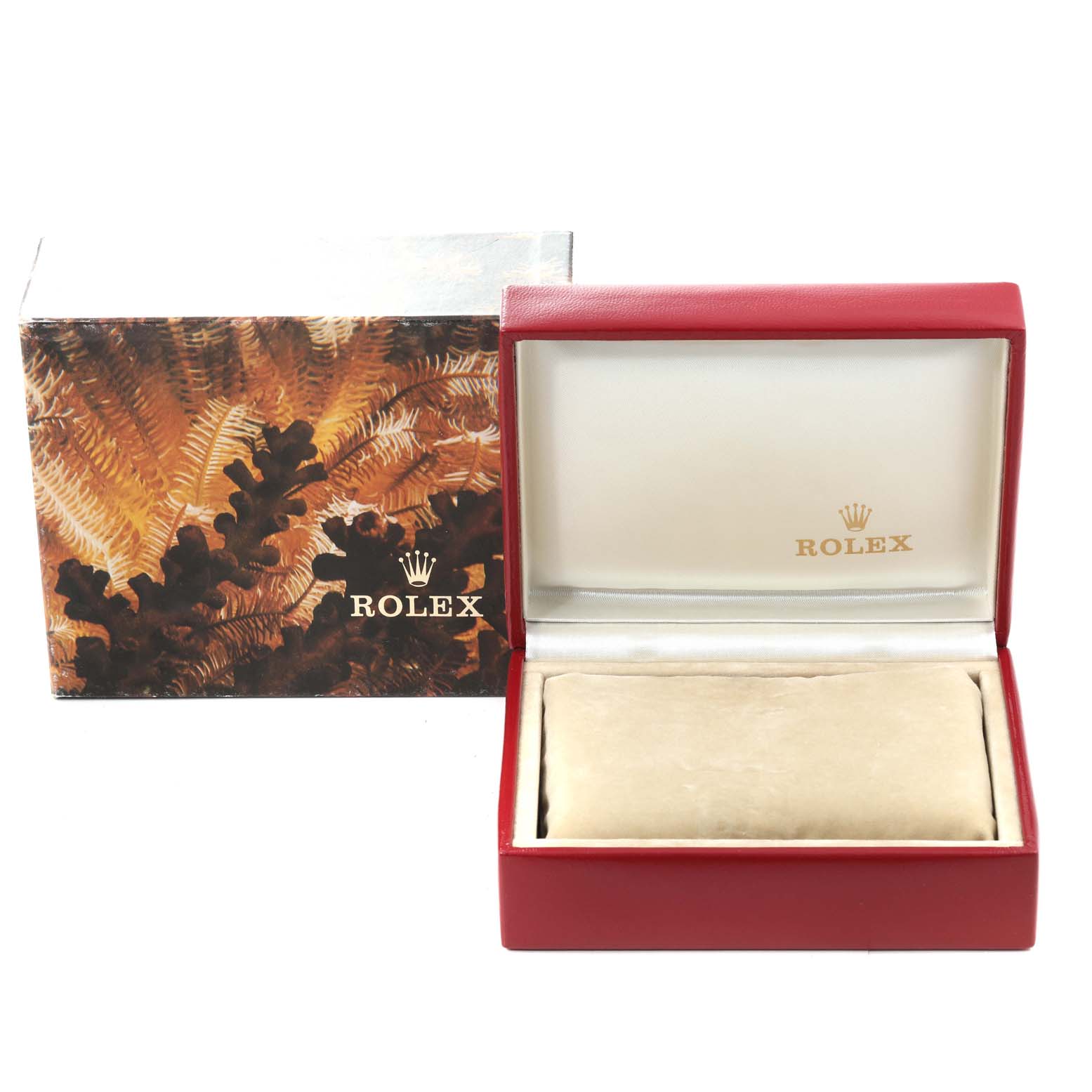 This image shows a Rolex President 69178 Women
s Yellow Gold Champagne Dial 69178 Women
s Yellow Gold Champagne Dial watch box, featuring the outer box with a graphic pattern and the inner case with a cushioned pillow.