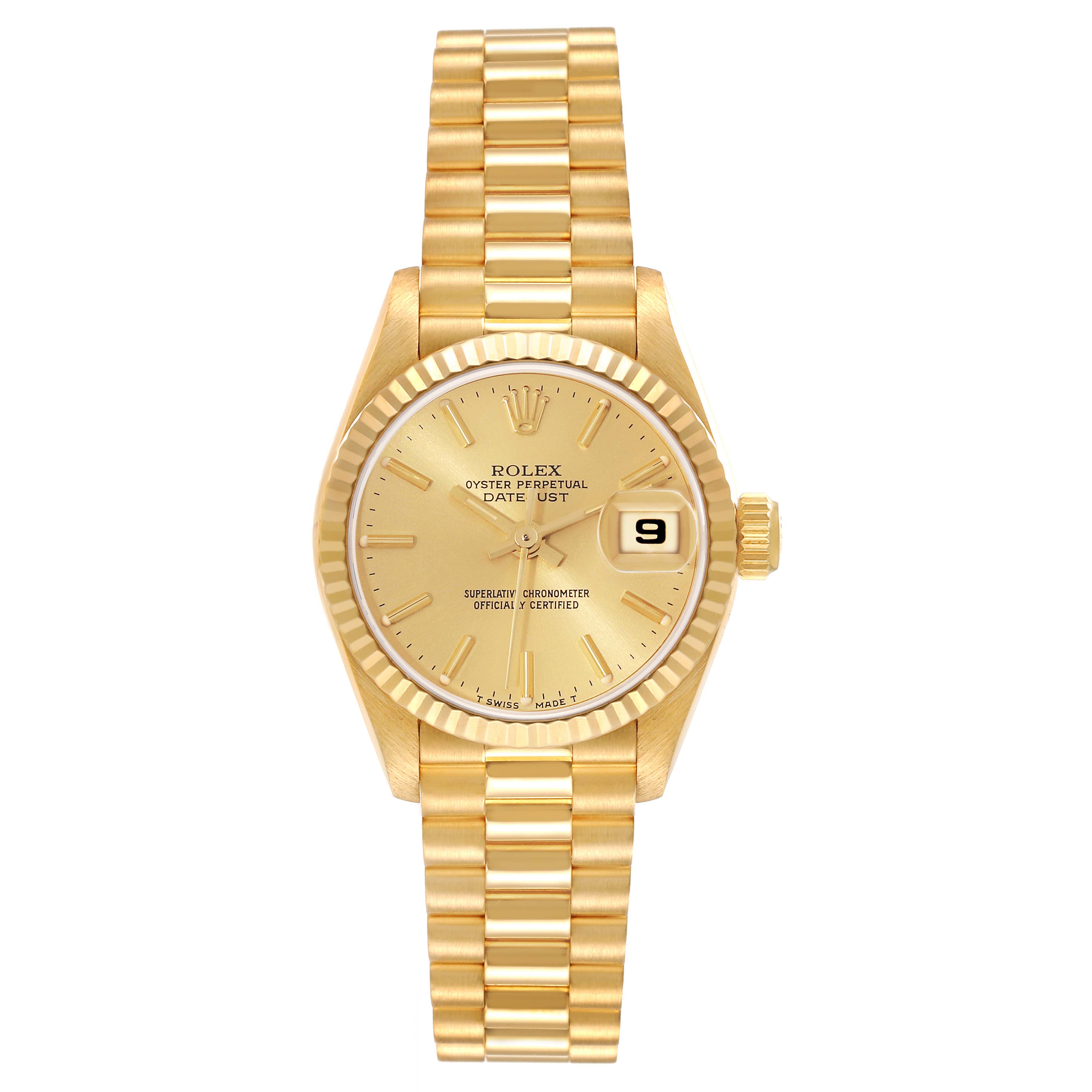 The Rolex President 69178 Women
s Yellow Gold Champagne Dial 69178 Women
s Yellow Gold Champagne Dial model watch is shown front-facing, highlighting its gold bracelet, dial with date window, and fluted bezel.