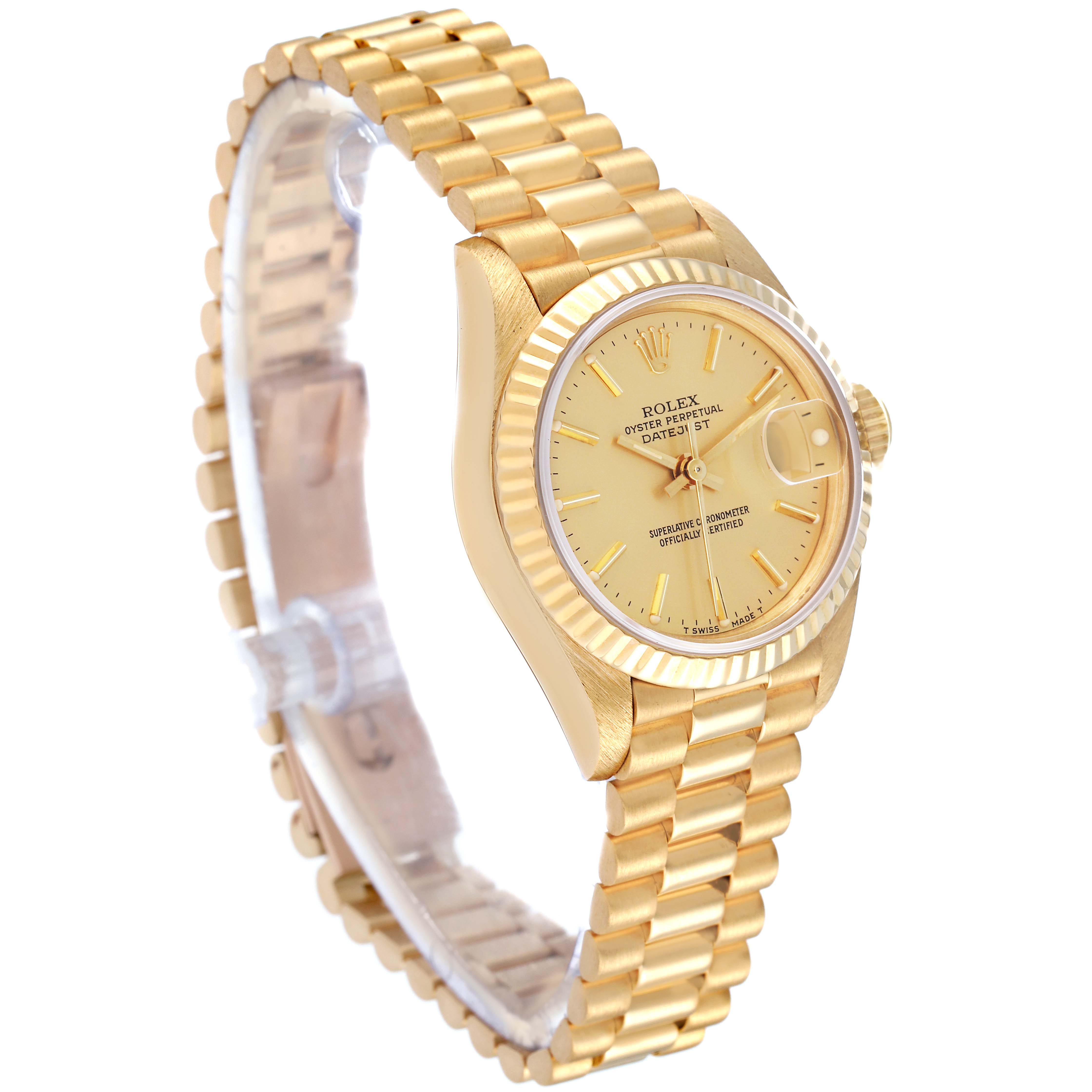 This Rolex President 69178 Women
s Yellow Gold Champagne Dial 69178 Women
s Yellow Gold Champagne Dial model watch is shown from an angled side view, highlighting its golden bracelet, bezel, dial, and fluted bezel.