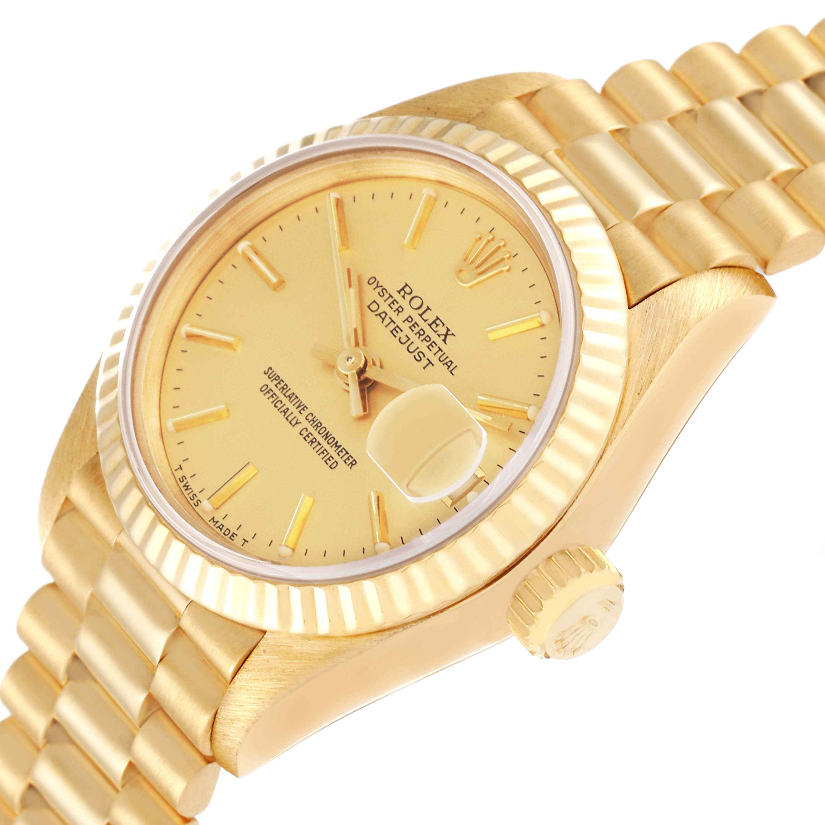 The Rolex President 69178 Women
s Yellow Gold Champagne Dial 69178 Women
s Yellow Gold Champagne Dial watch is shown at an angle highlighting the dial, bezel, crown, and part of the bracelet.