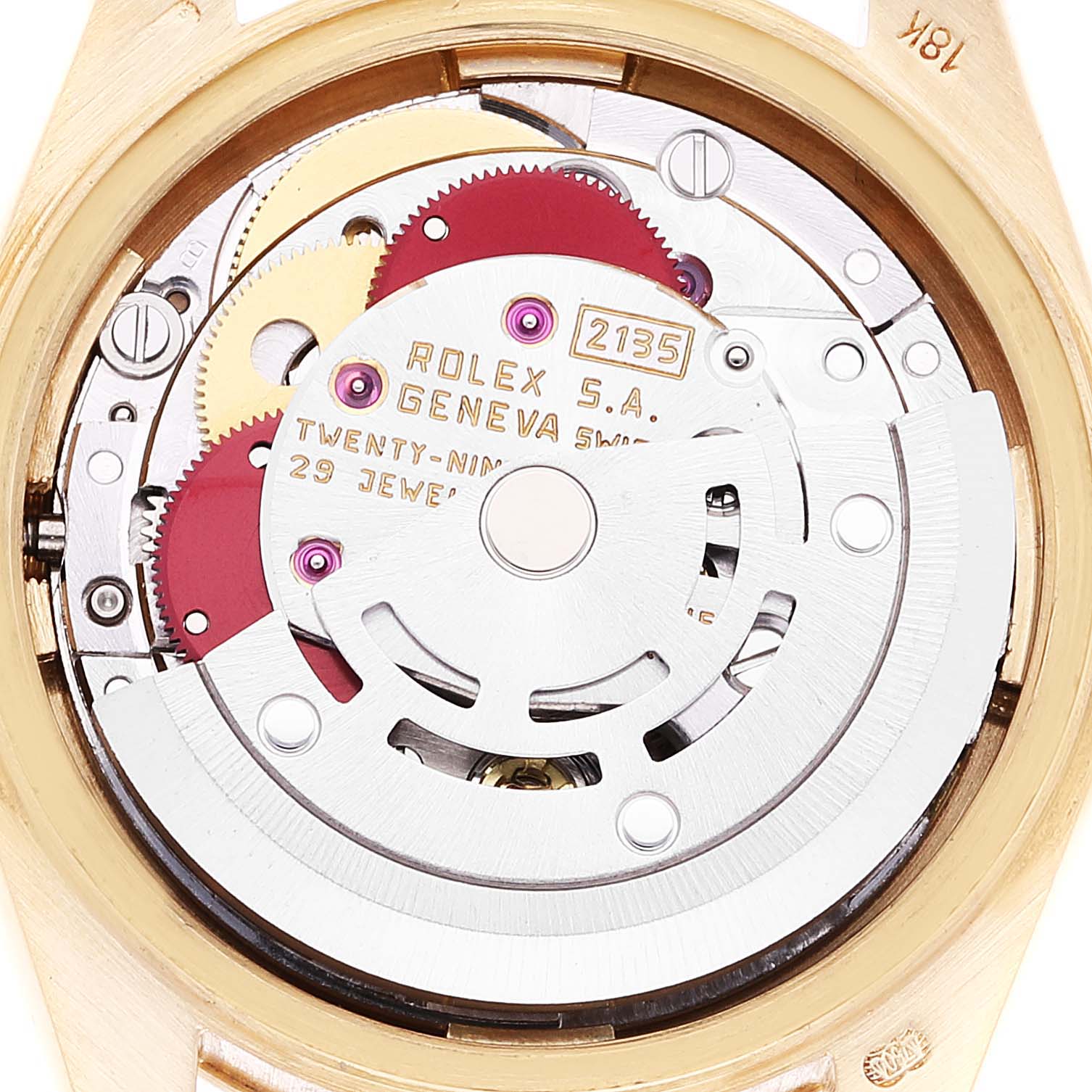 This image shows the movement of a Rolex President 69178 Women
s Yellow Gold Champagne Dial 69178 Women
s Yellow Gold Champagne Dial model watch from a top-down angle, revealing the internal mechanics and inscriptions.