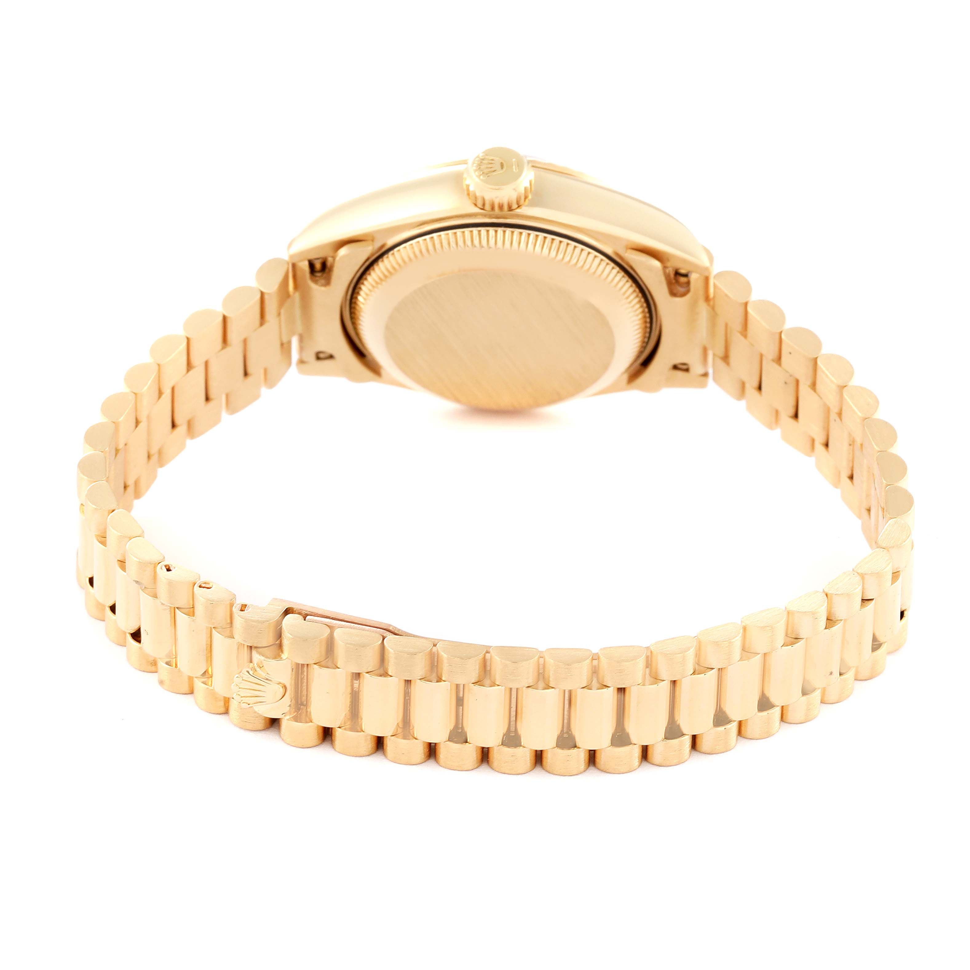 This image shows the back case and bracelet of the Rolex President 69178 Women
s Yellow Gold Champagne Dial 69178 Women
s Yellow Gold Champagne Dial model, viewed from a rear angle.