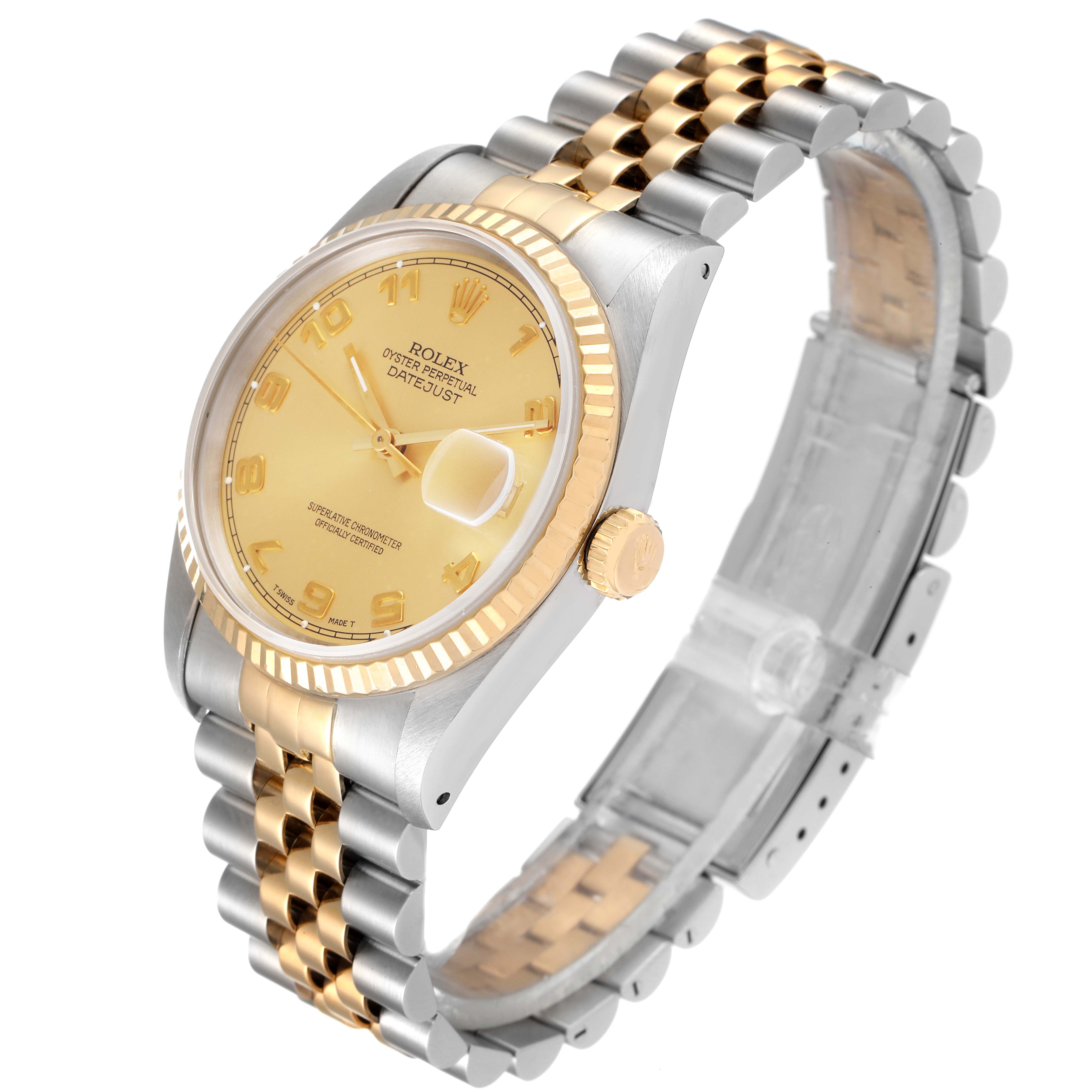 The image shows a Rolex Datejust 16233 Men's Steel and Gold (two tone) Champagne Dial 16233 Men's Steel and Gold (two tone) Champagne Dial watch at a three-quarter angle, highlighting its gold dial, fluted bezel, and two-tone Jubilee bracelet.