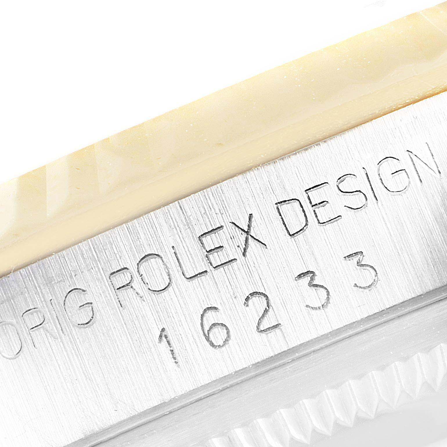 The image shows a close-up of the Rolex Datejust 16233 Men's Steel and Gold (two tone) Champagne Dial 16233 Men's Steel and Gold (two tone) Champagne Dial model 16233, highlighting the engraved case with "ORIG ROLEX DESIGN" text.