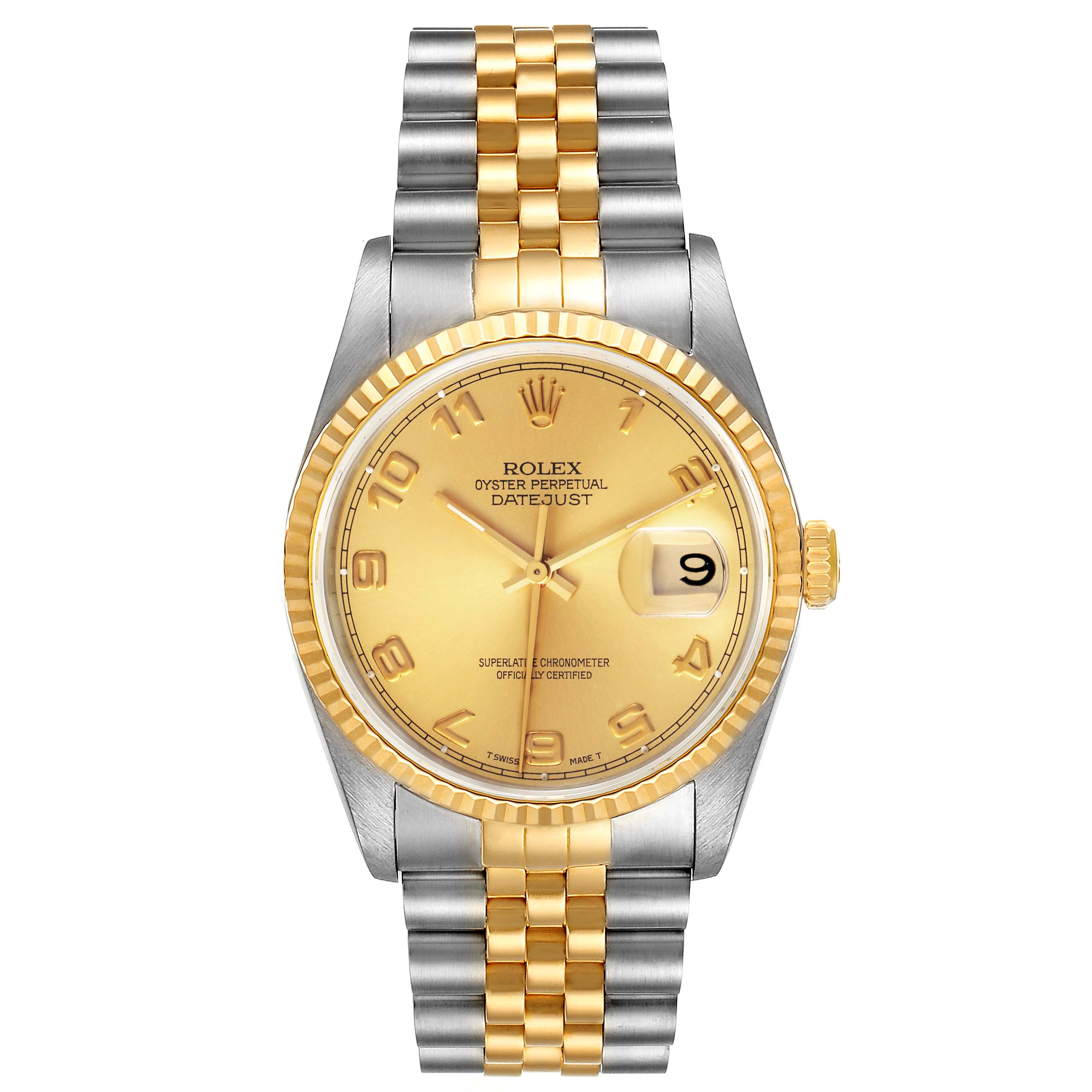 This Rolex Datejust 16233 Men's Steel and Gold (two tone) Champagne Dial 16233 Men's Steel and Gold (two tone) Champagne Dial watch is shown from the front, displaying its gold dial, jubilee bracelet, and date window at 3 o'clock.