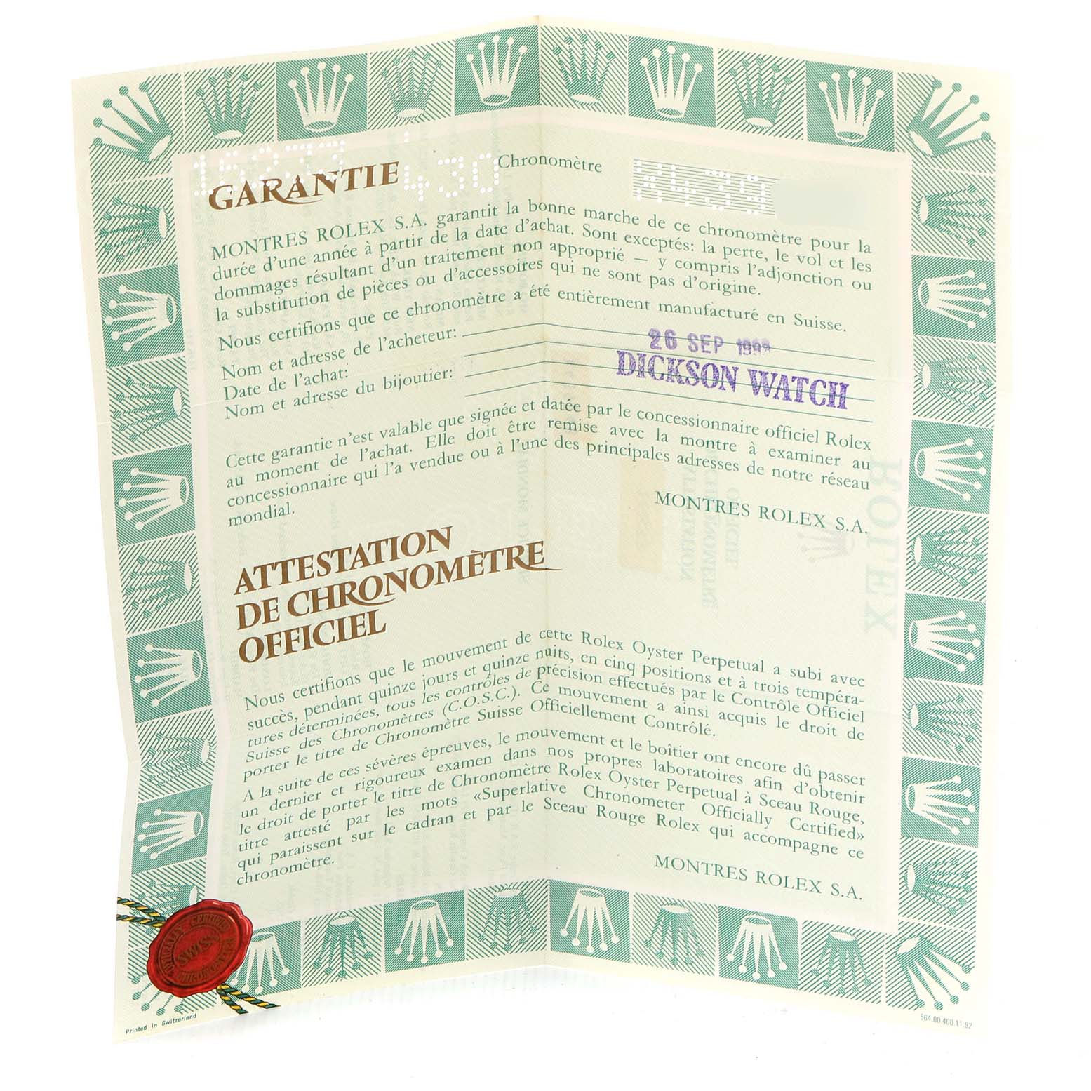 This image shows the warranty certificate for a Rolex Datejust 16233 Men's Steel and Gold (two tone) Champagne Dial 16233 Men's Steel and Gold (two tone) Champagne Dial watch, featuring official guarantees and chronometer certification.