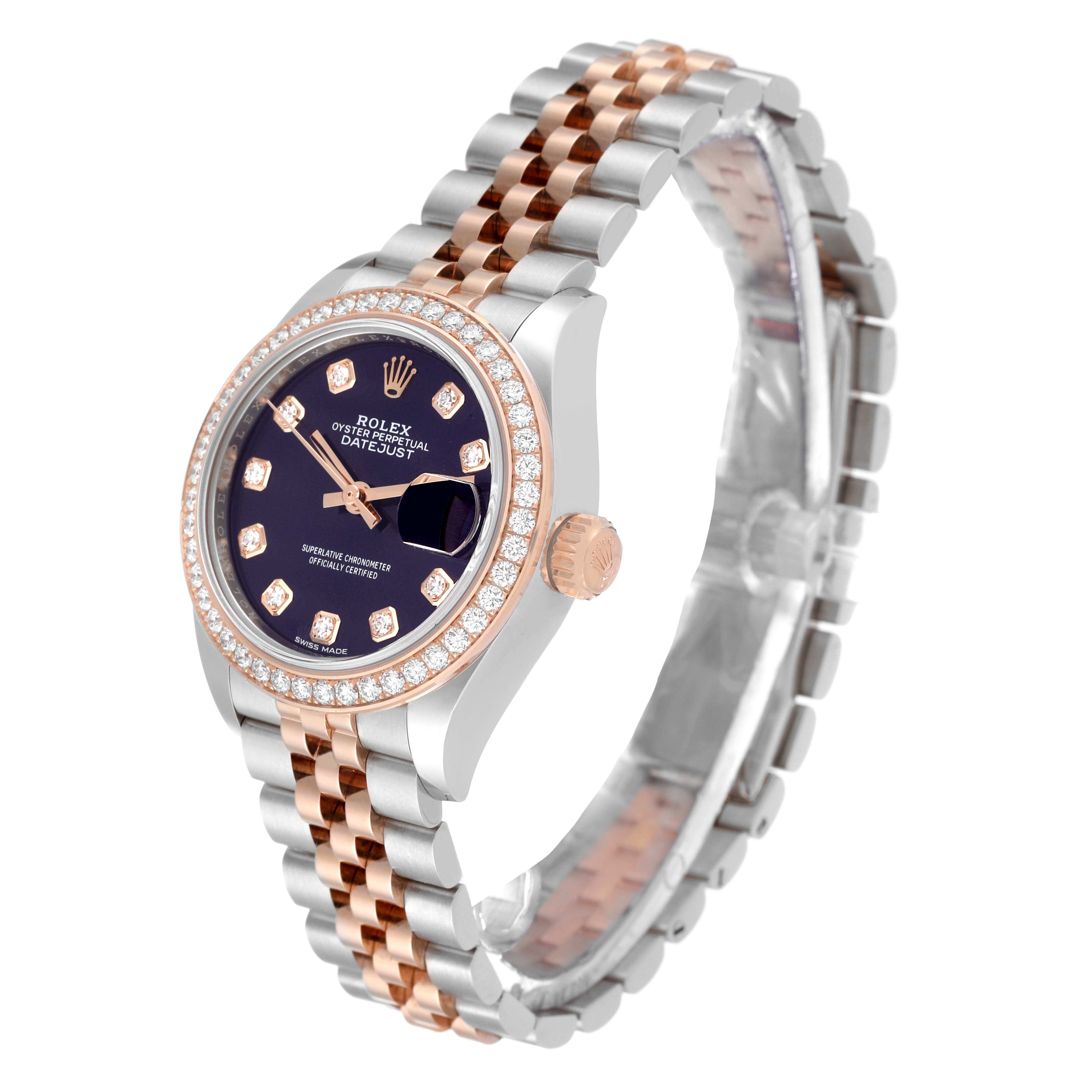 The image shows a side angle of a Rolex Datejust 279381 Women's Stainless Steel Purple Dial 279381 Women's Stainless Steel Purple Dial watch, highlighting its two-tone jubilee bracelet, diamond bezel, and black dial.
