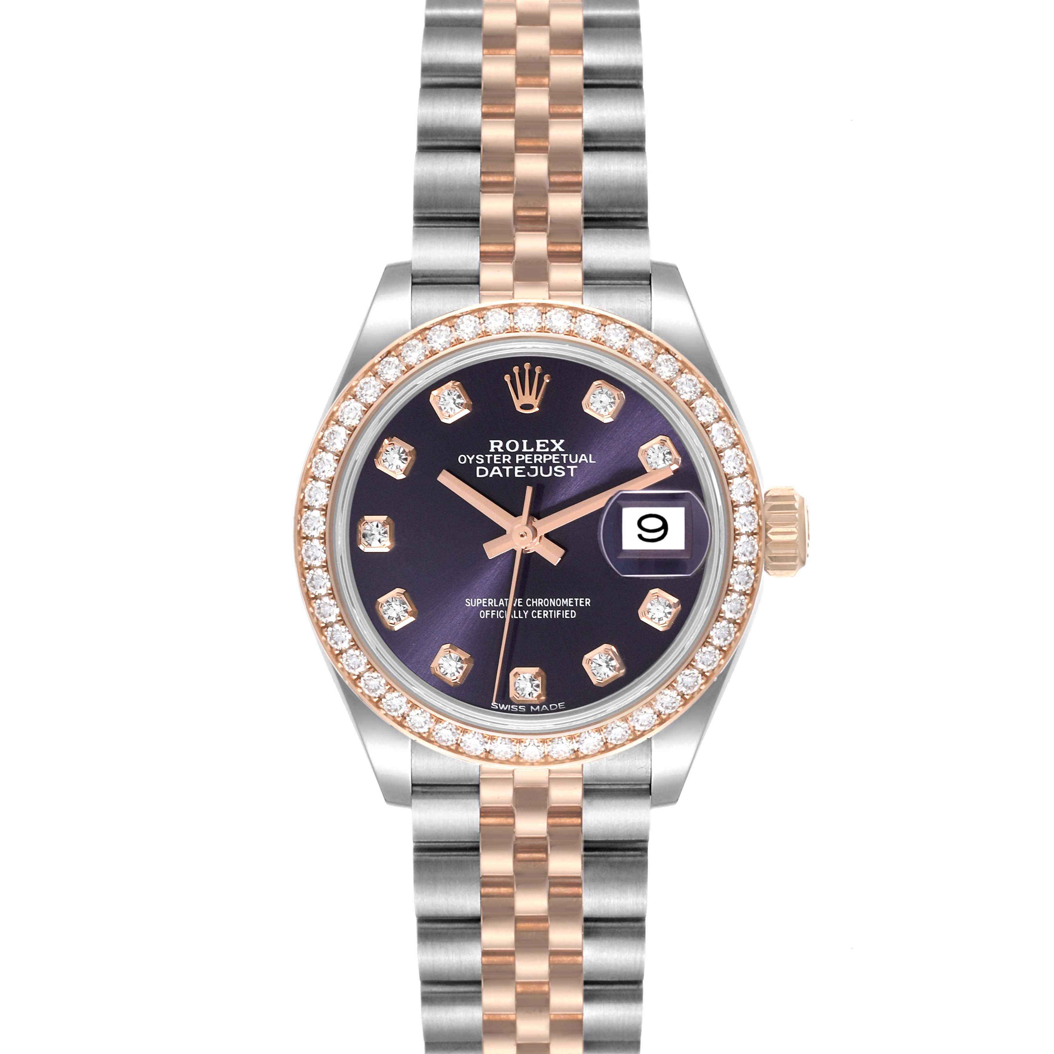 The image displays a Rolex Datejust 279381 Women's Stainless Steel Purple Dial 279381 Women's Stainless Steel Purple Dial model watch from a front angle, showcasing its dial, bezel, band, and crown.
