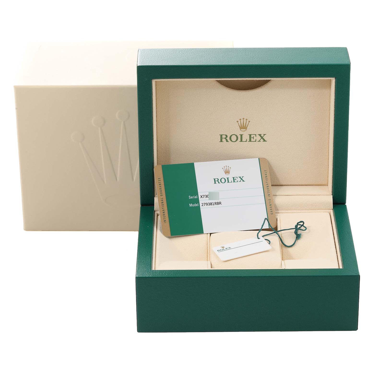 The image shows the packaging and accessories of a Rolex Datejust 279381 Women's Stainless Steel Purple Dial 279381 Women's Stainless Steel Purple Dial watch, including a green box, card, and tag.