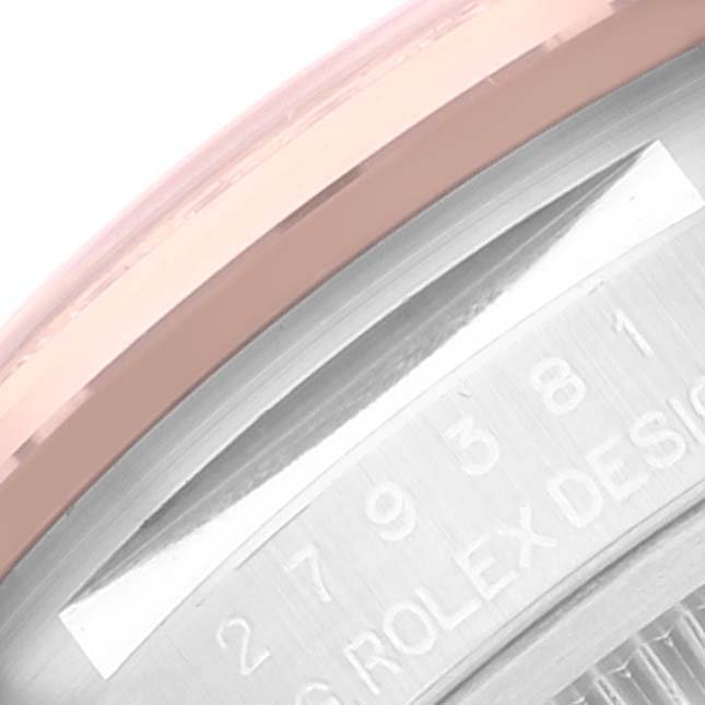 This image shows a close-up angle of the case side and bezel of a Rolex Datejust 279381 Women's Stainless Steel Purple Dial 279381 Women's Stainless Steel Purple Dial watch.