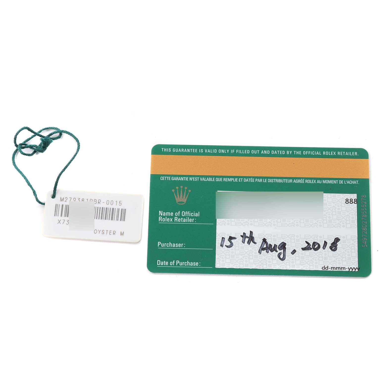 The image shows the warranty card and the tag of a Rolex Datejust 279381 Women's Stainless Steel Purple Dial 279381 Women's Stainless Steel Purple Dial watch.