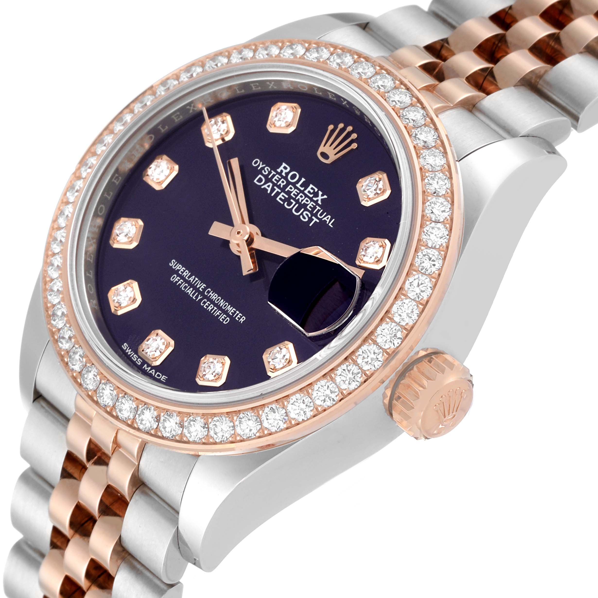 The image shows a close-up angle of a Rolex Datejust 279381 Women's Stainless Steel Purple Dial 279381 Women's Stainless Steel Purple Dial watch, highlighting its dial, bezel, and part of the bracelet.