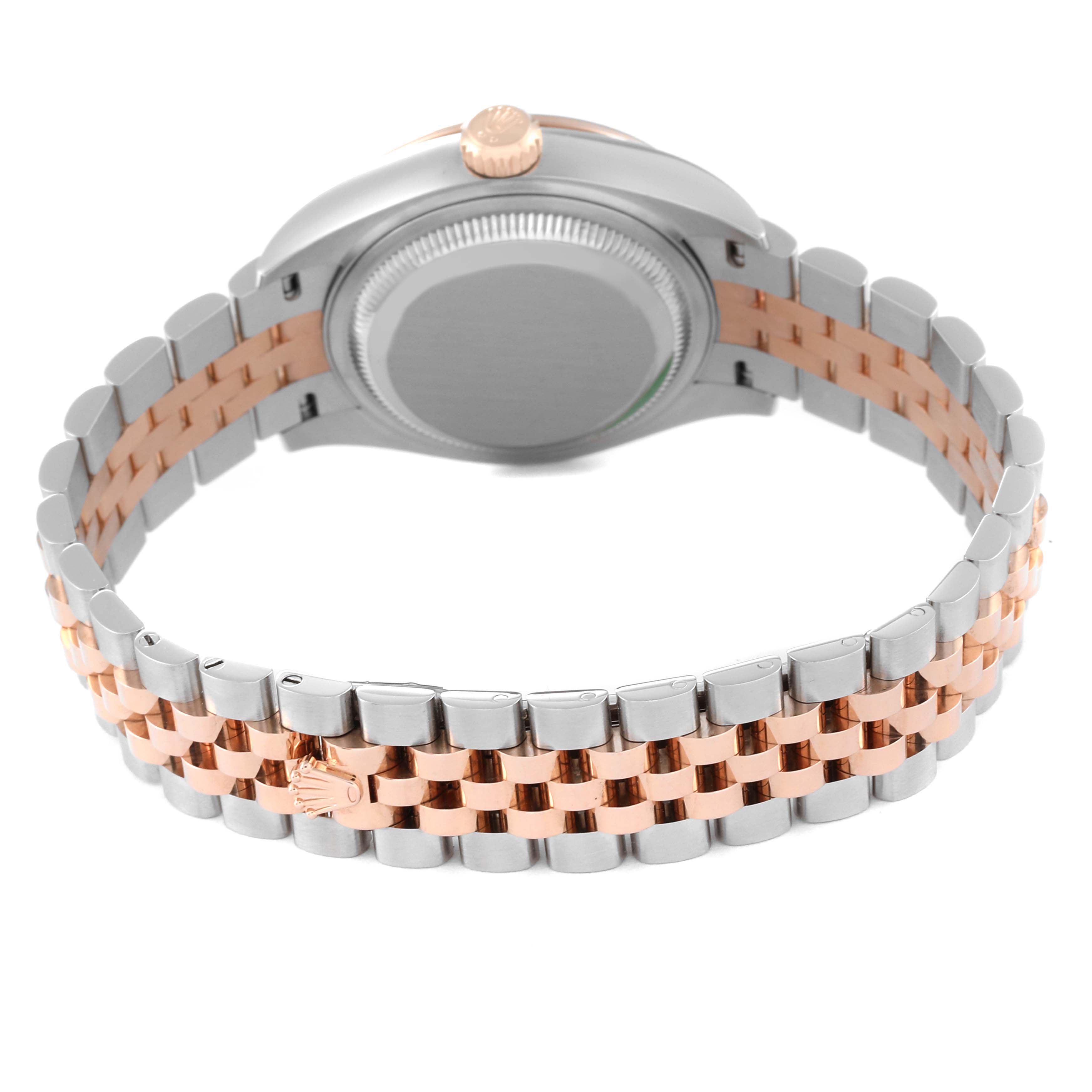 The image shows the back of a Rolex Datejust 279381 Women's Stainless Steel Purple Dial 279381 Women's Stainless Steel Purple Dial watch, focusing on its two-tone metal bracelet and the case back.