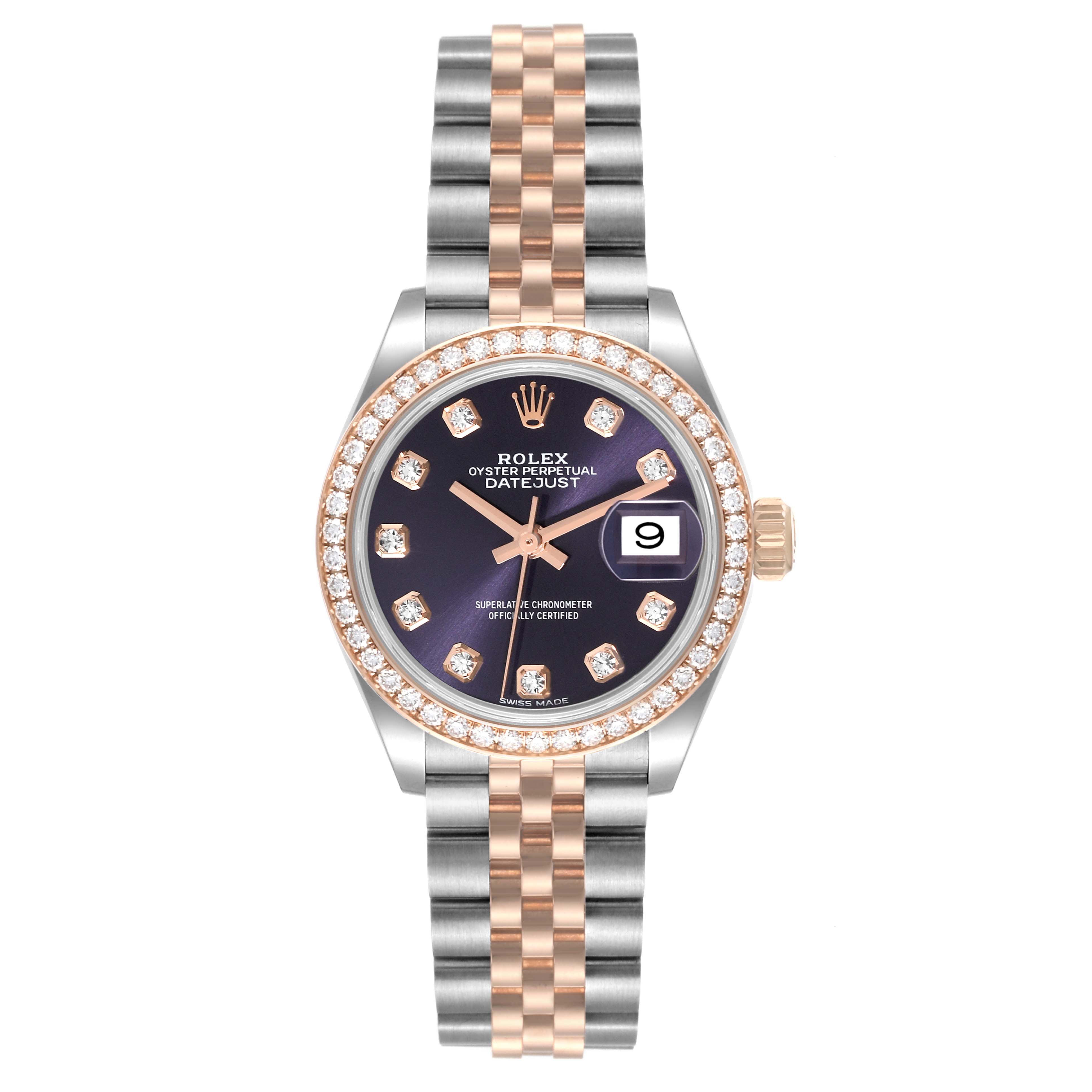 The image shows a front view of a Rolex Datejust 279381 Women's Stainless Steel Purple Dial 279381 Women's Stainless Steel Purple Dial watch featuring a dial, bezel, and bracelet.