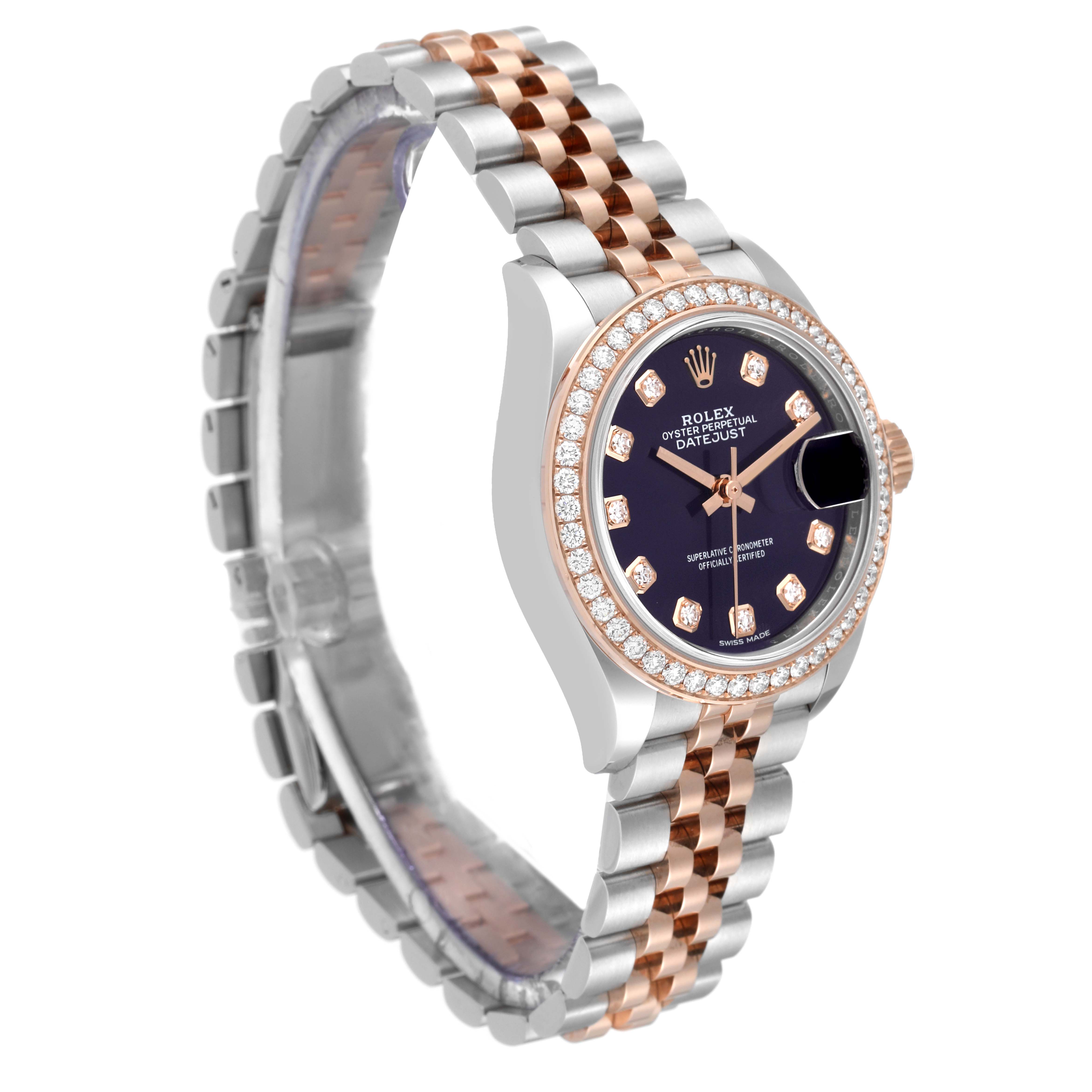 The image shows a Rolex Datejust 279381 Women's Stainless Steel Purple Dial 279381 Women's Stainless Steel Purple Dial watch angled to display the face, bezel, and bracelet.