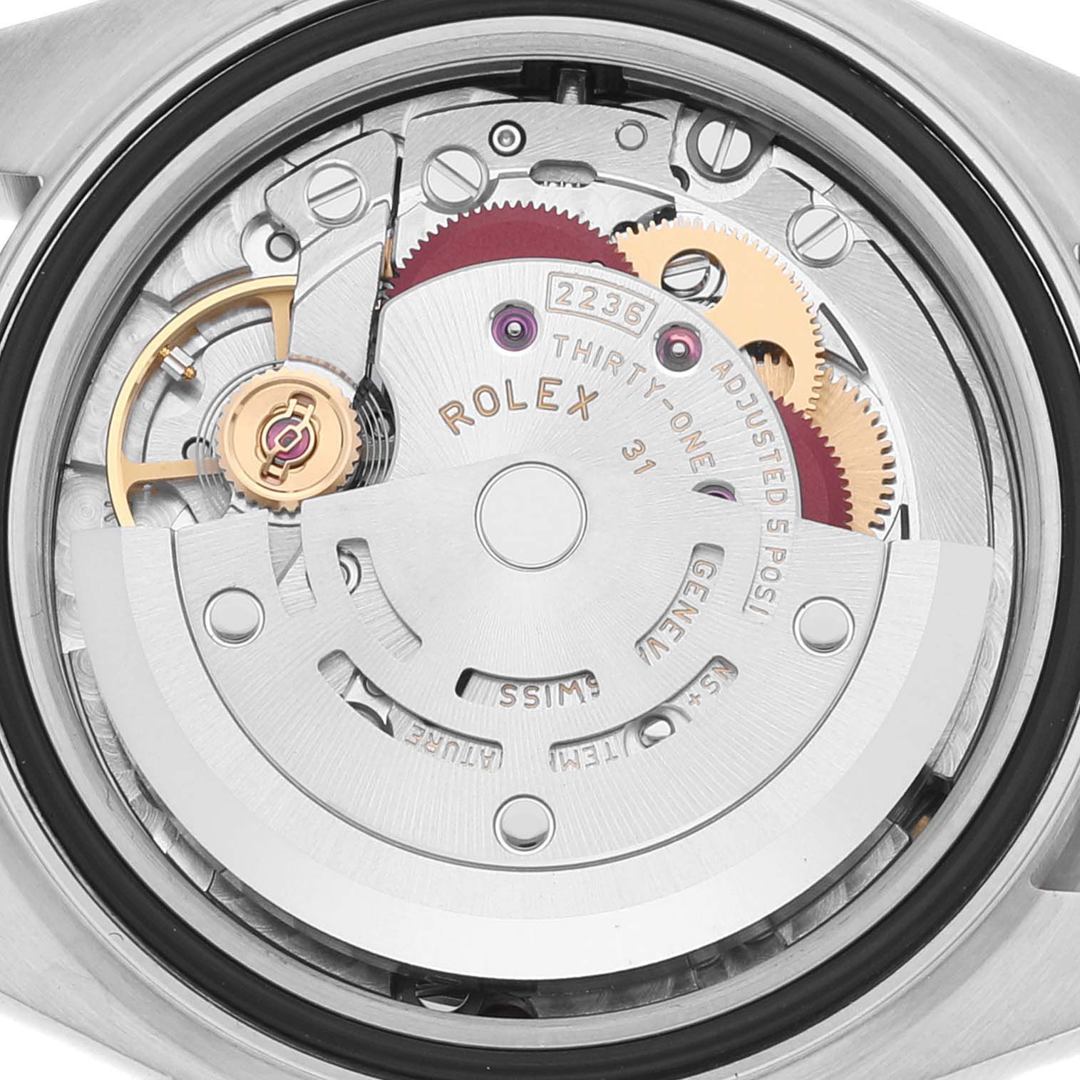 This image shows a close-up view of the movement mechanism of a Rolex Datejust 279381 Women's Stainless Steel Purple Dial 279381 Women's Stainless Steel Purple Dial watch.