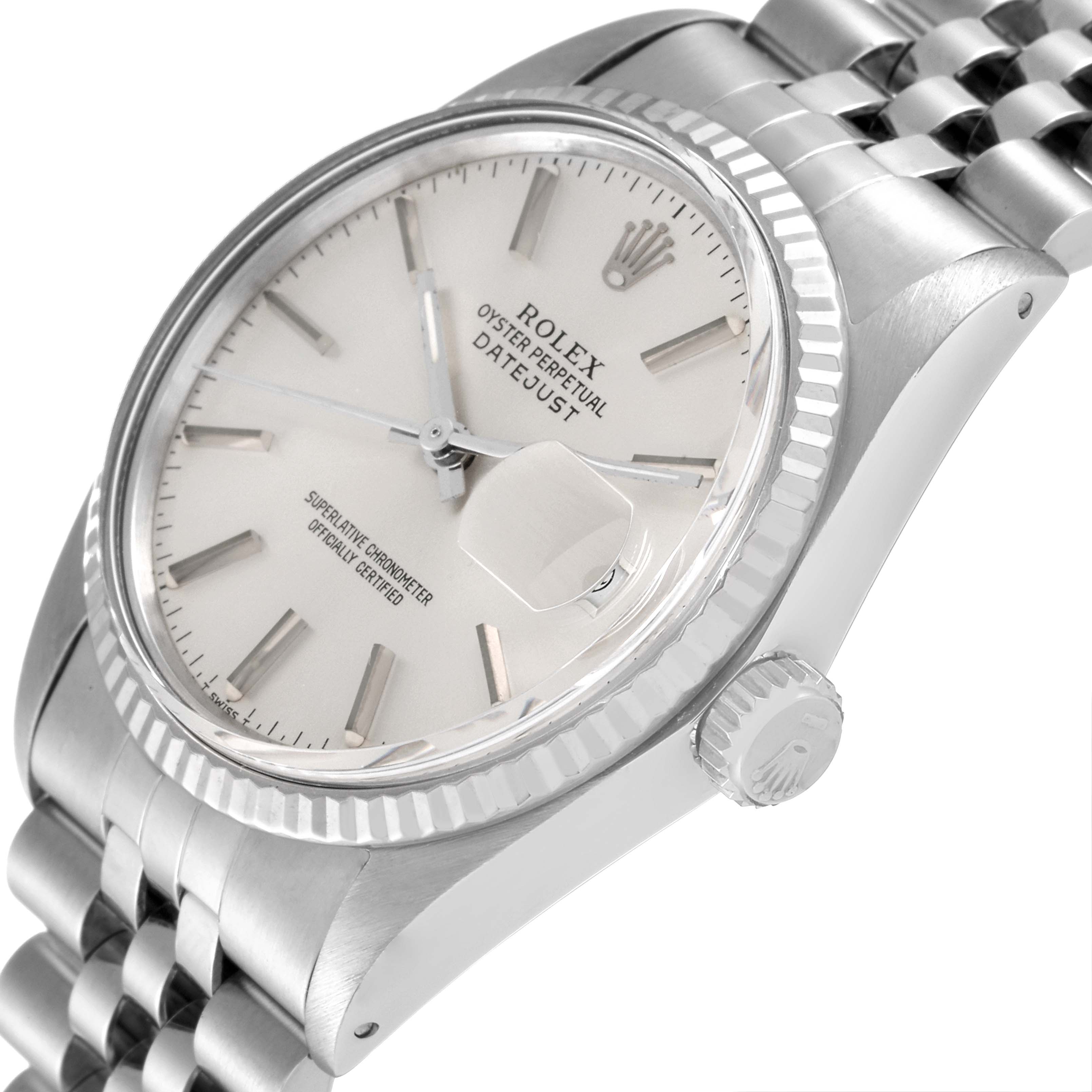 The image shows a close-up angled view of the Rolex Vintage Collection 16014 Men's Stainless Steel Silver Dial 16014 Men's Stainless Steel Silver Dial Datejust, highlighting the dial, bezel, and bracelet.