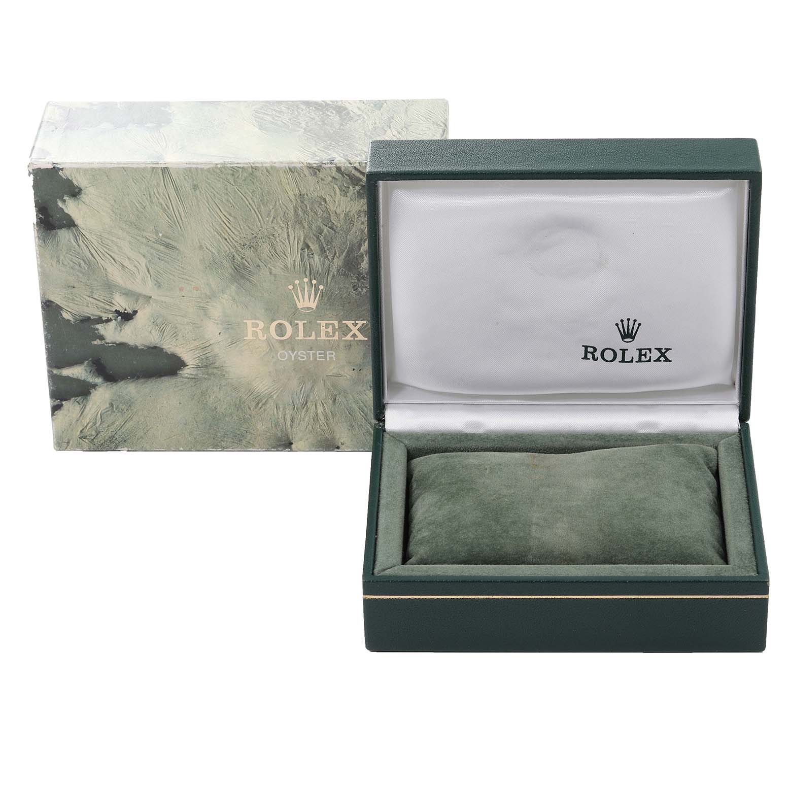 The image shows the packaging box and the opened inner case for the Rolex Vintage Collection 16014 Men's Stainless Steel Silver Dial 16014 Men's Stainless Steel Silver Dial model, viewed from the front angle.