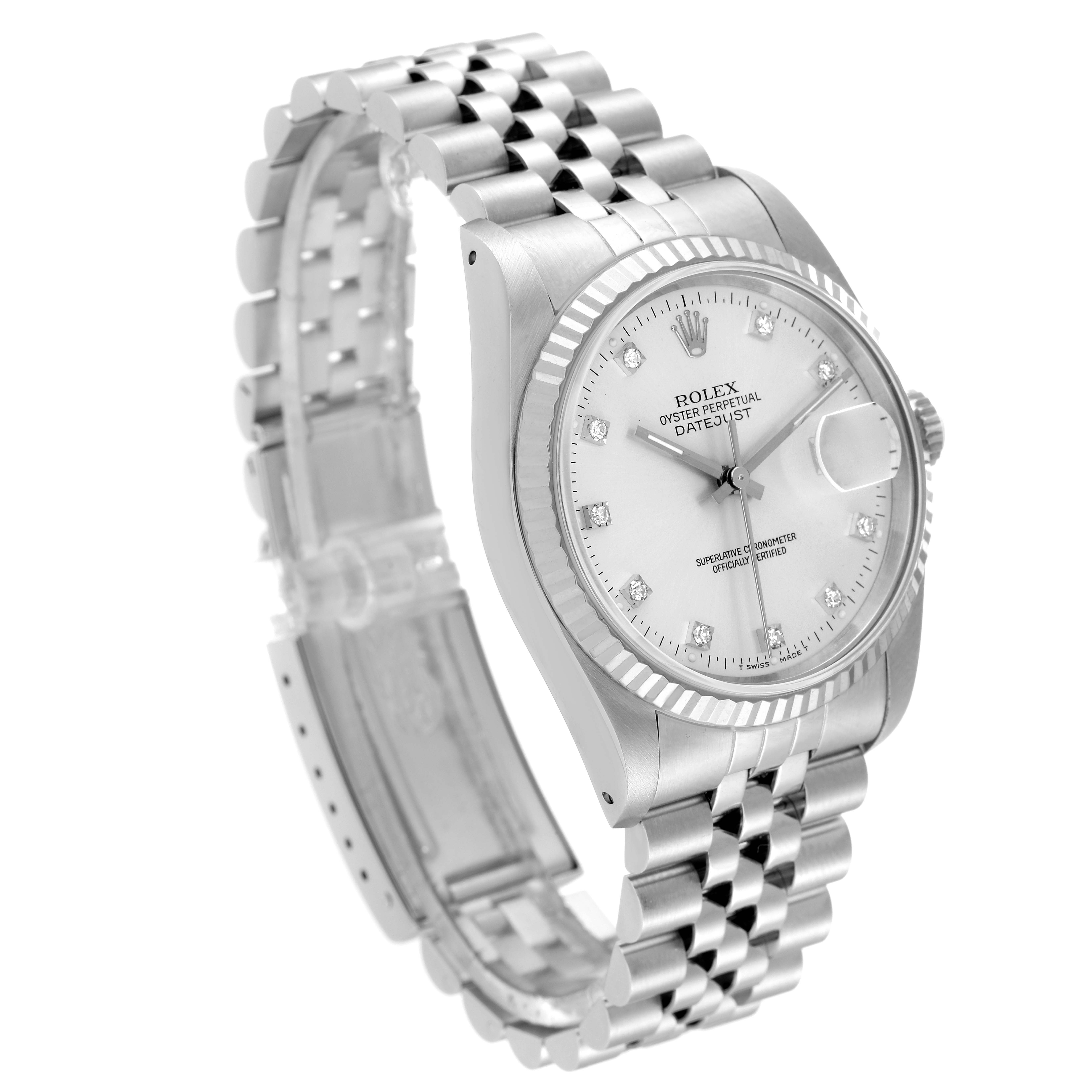 The image shows a Rolex Datejust 16234 Men's Stainless Steel Silver Dial 16234 Men's Stainless Steel Silver Dial watch at a slight angle highlighting its dial, bezel, and bracelet.