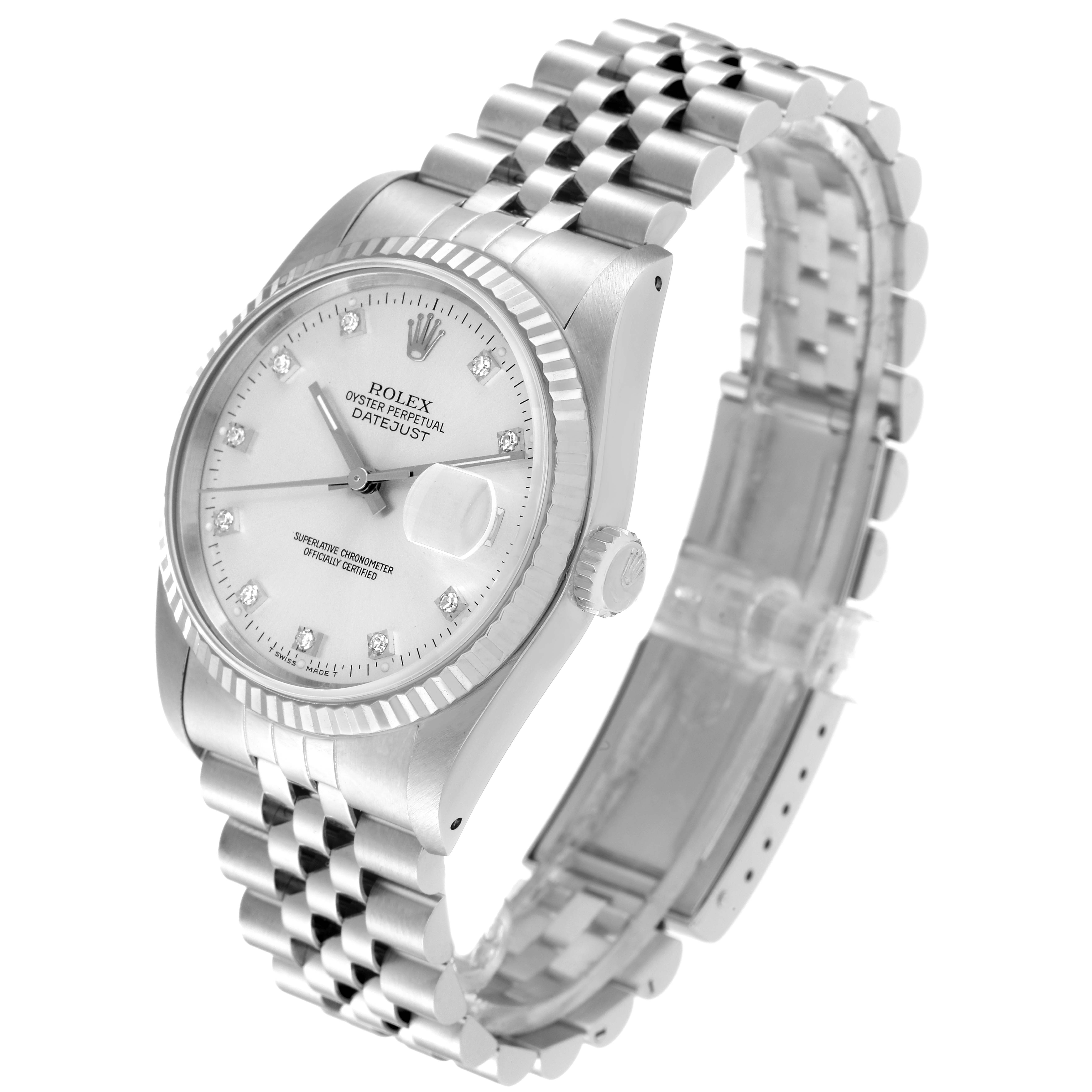 This Rolex Datejust 16234 Men's Stainless Steel Silver Dial 16234 Men's Stainless Steel Silver Dial watch is shown at a three-quarter angle, highlighting the face, bracelet, and fluted bezel.