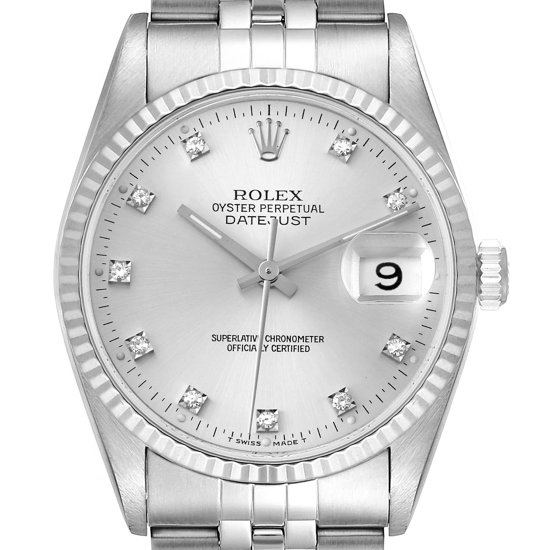 The image shows a front view of the Rolex Datejust 16234 Men's Stainless Steel Silver Dial 16234 Men's Stainless Steel Silver Dial watch, highlighting its silver dial, date window, and bracelet.