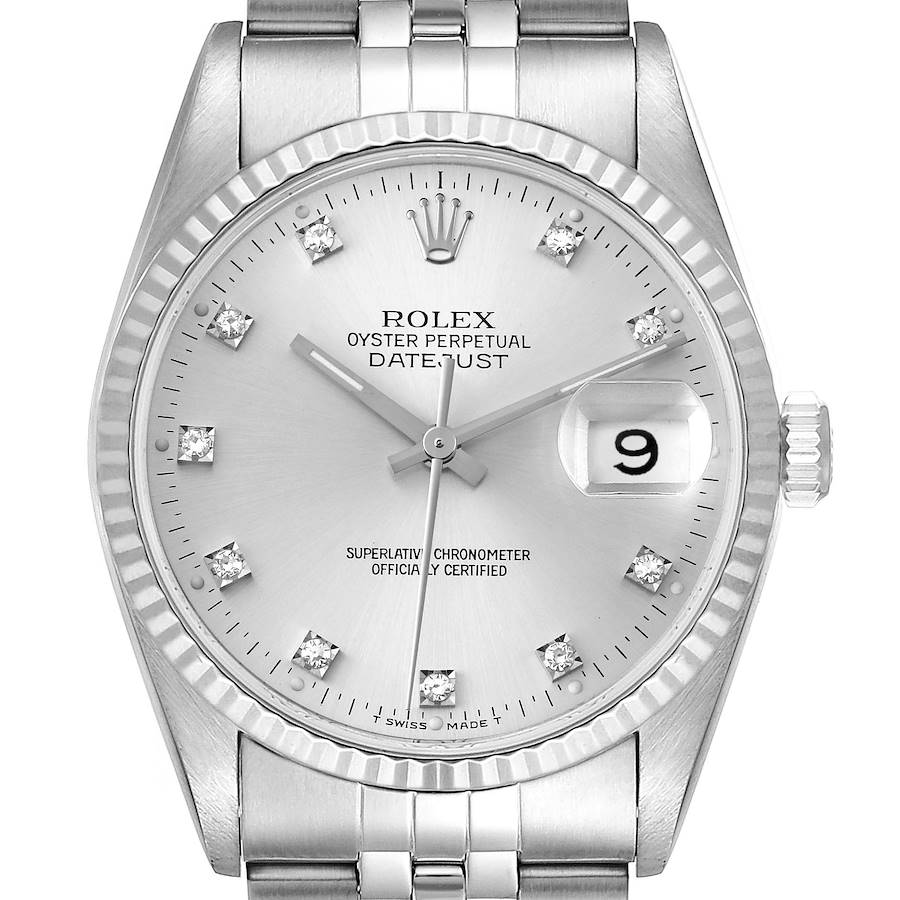 The image shows a front view of the Rolex Datejust watch, highlighting its silver dial, date window, and bracelet.